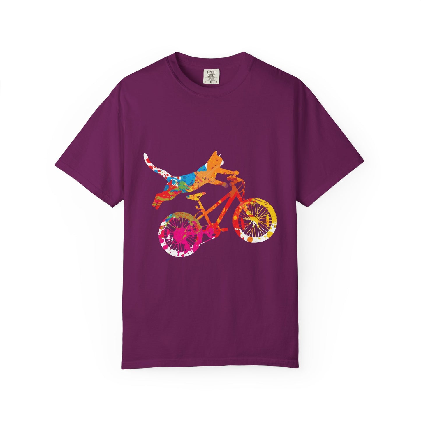 Colorful Dog on Bicycle T-shirt, Unisex Garment-Dyed Tee, Pet Lover Gift, Fun Summer Shirt, Dog Mom Apparel, Bicycle Enthusiast Tee