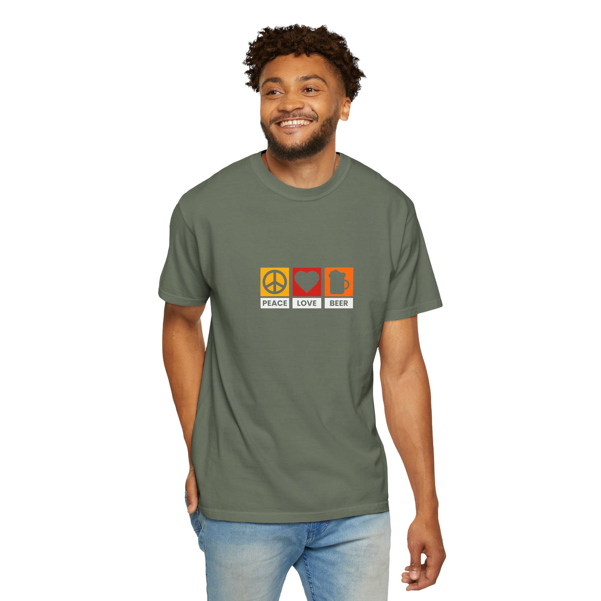 Peace Love Beer T-Shirt β Retro Icons Tee for Beer Lovers, Music Fans & Chill Vibes