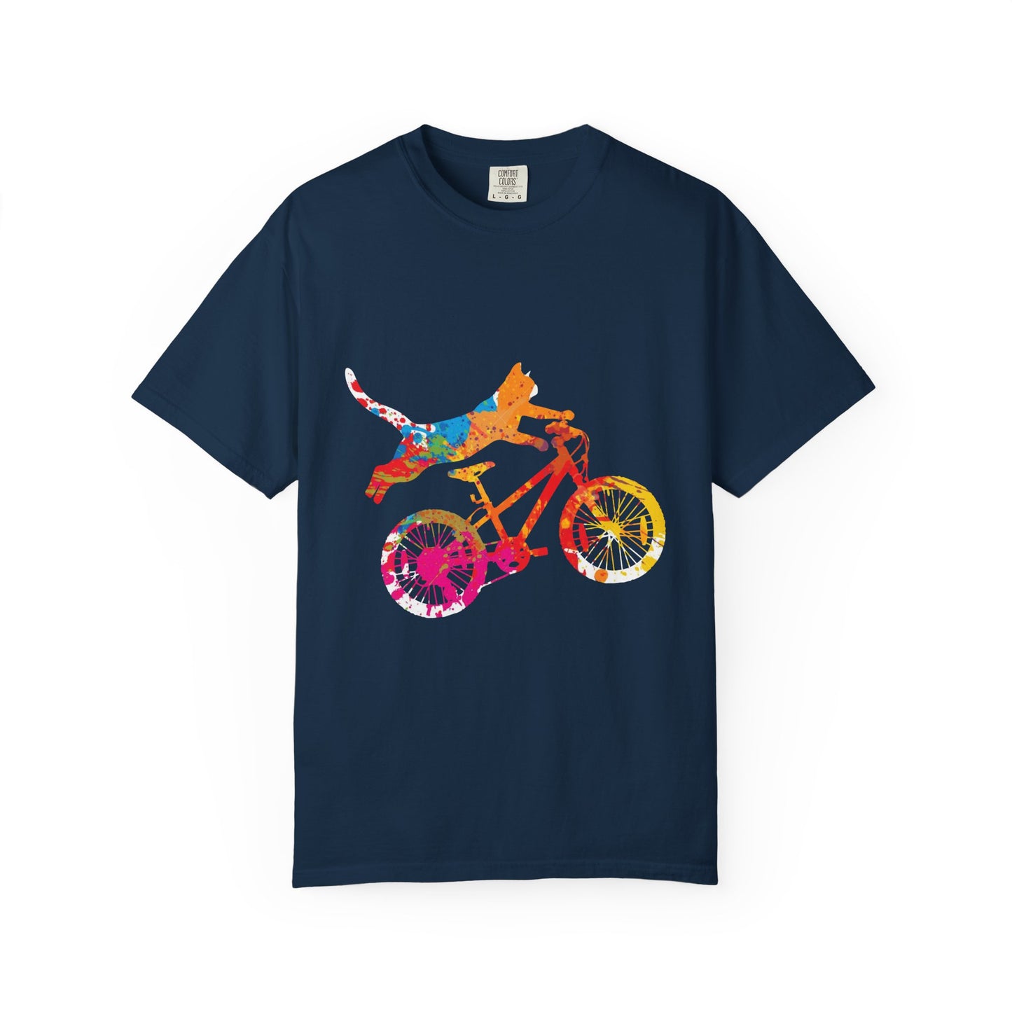 Colorful Dog on Bicycle T-shirt, Unisex Garment-Dyed Tee, Pet Lover Gift, Fun Summer Shirt, Dog Mom Apparel, Bicycle Enthusiast Tee