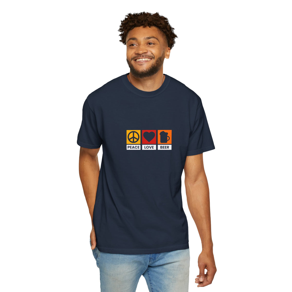 Peace Love Beer T-Shirt β Retro Icons Tee for Beer Lovers, Music Fans & Chill Vibes
