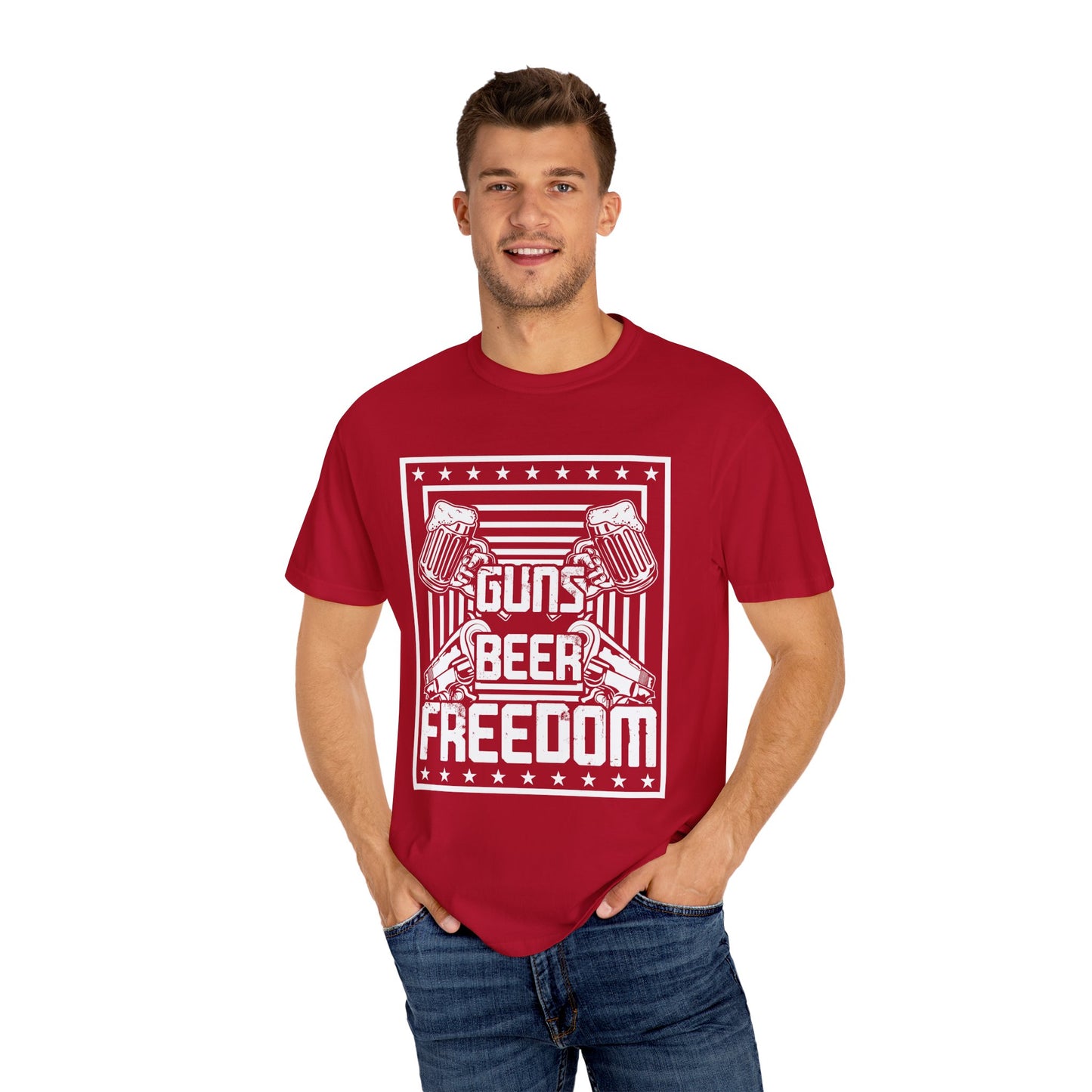 Guns Beer Freedom Graphic T-Shirt, Unisex Tee for Beer Lovers, Patriotic Shirt, Casual Everyday Wear, Independence Day Gift