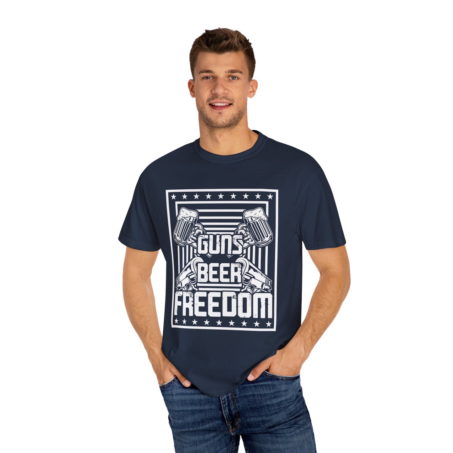 Guns Beer Freedom Graphic T-Shirt, Unisex Tee for Beer Lovers, Patriotic Shirt, Casual Everyday Wear, Independence Day Gift