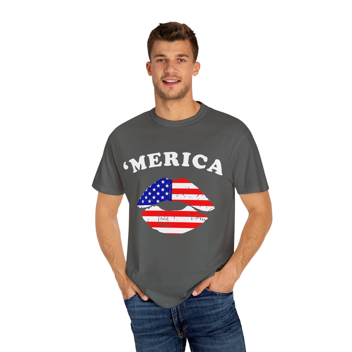 ‘Merica Lips T-Shirt – Patriotic Kiss Tee for Women Who Love Their Country Loud & Proud