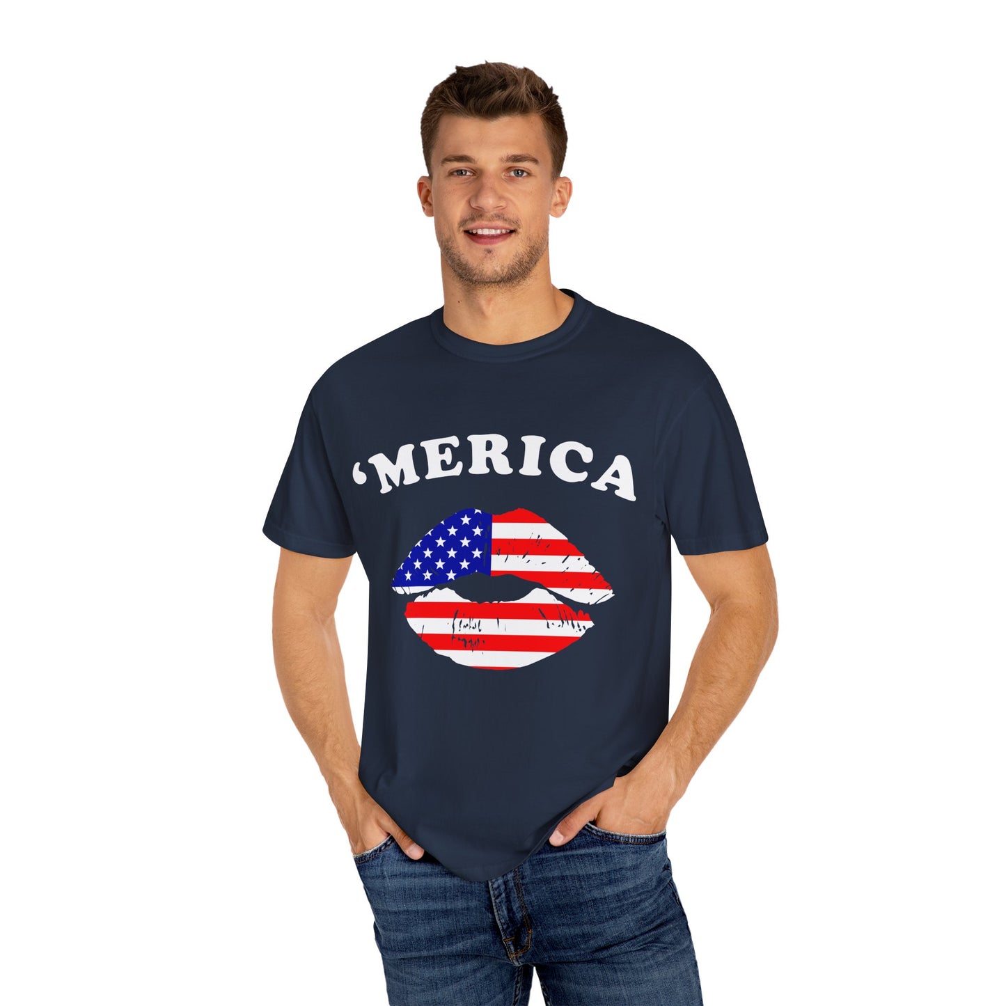 ‘Merica Lips T-Shirt – Patriotic Kiss Tee for Women Who Love Their Country Loud & Proud