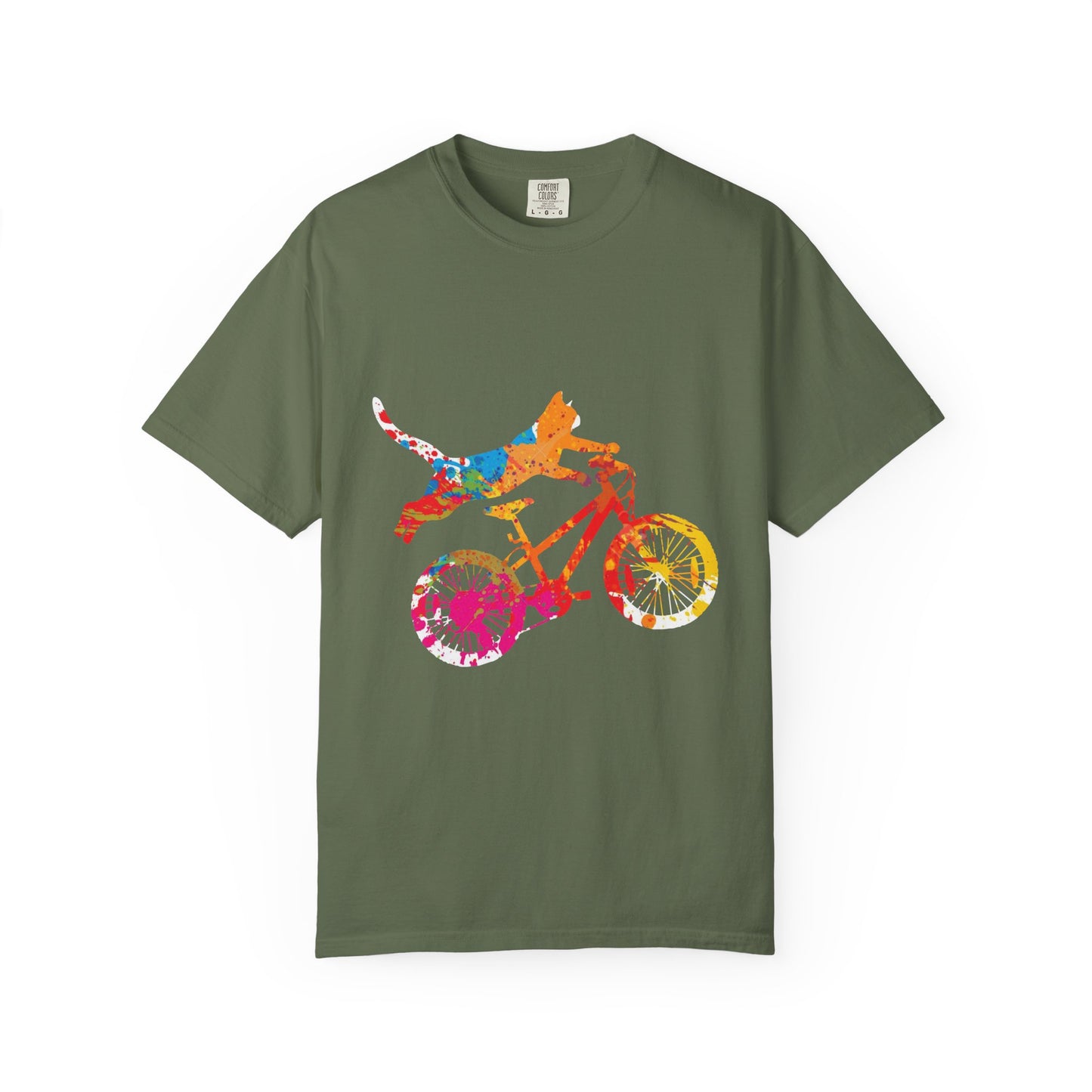 Colorful Dog on Bicycle T-shirt, Unisex Garment-Dyed Tee, Pet Lover Gift, Fun Summer Shirt, Dog Mom Apparel, Bicycle Enthusiast Tee