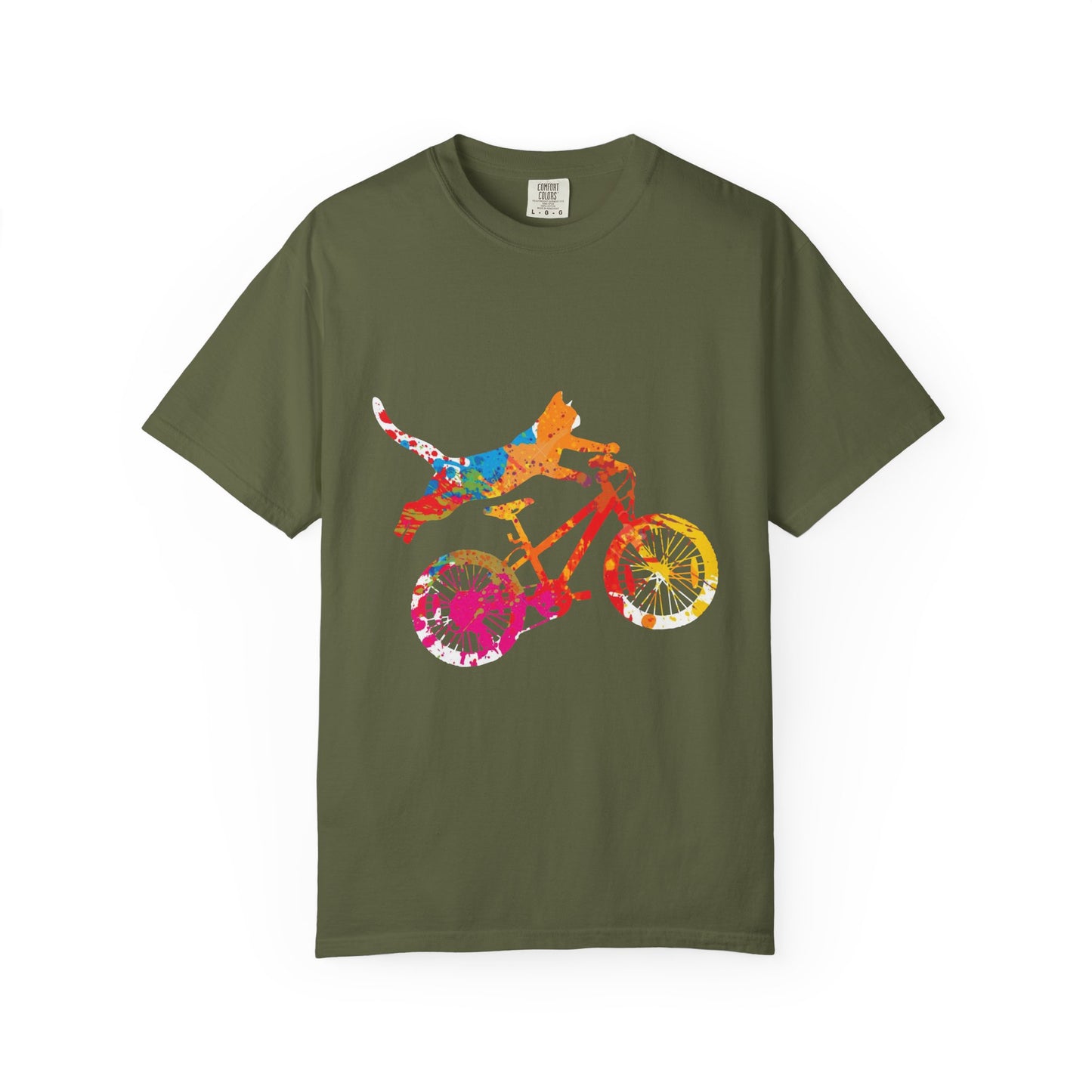 Colorful Dog on Bicycle T-shirt, Unisex Garment-Dyed Tee, Pet Lover Gift, Fun Summer Shirt, Dog Mom Apparel, Bicycle Enthusiast Tee