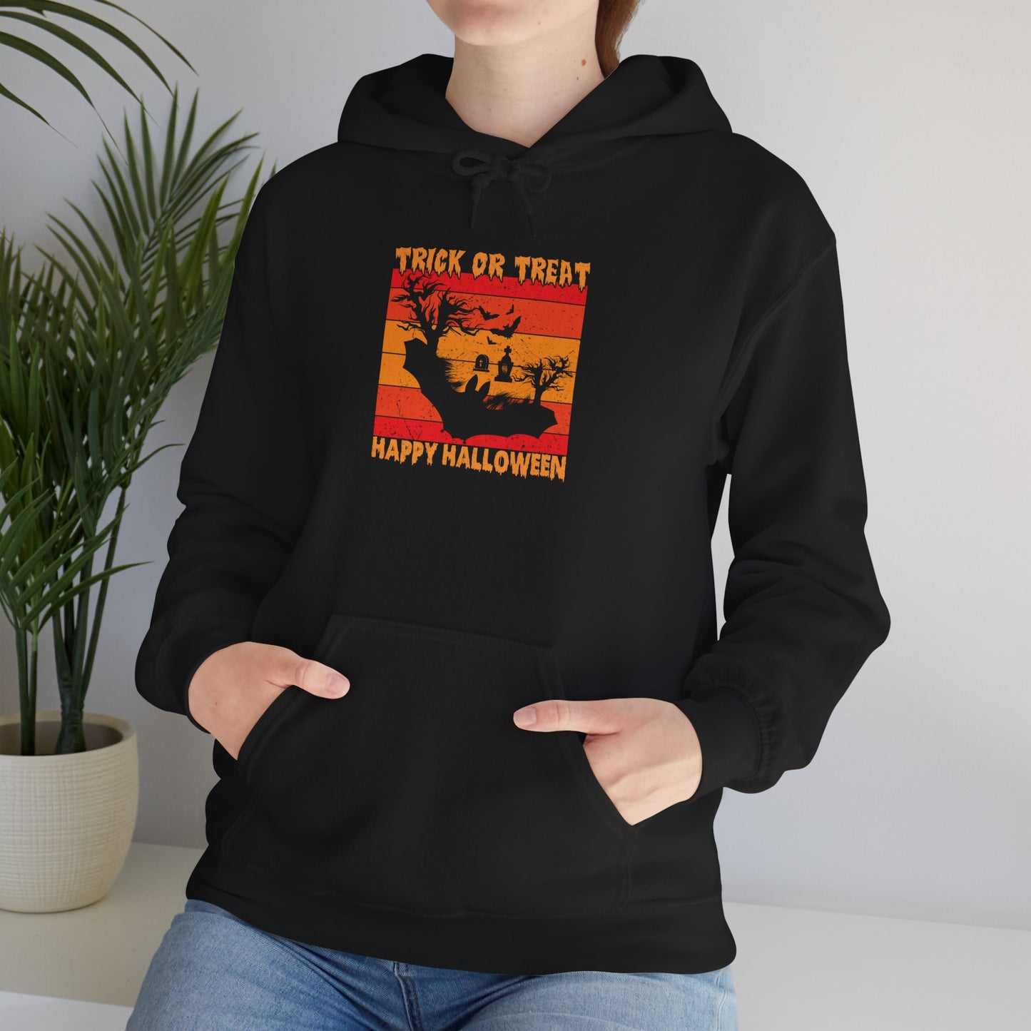 Halloween Themed Hoodie, Cozy Sweatshirt, Trick or Treat Apparel, Unisex Hoodie for Fall, Halloween Party Wear, Seasonal Wear