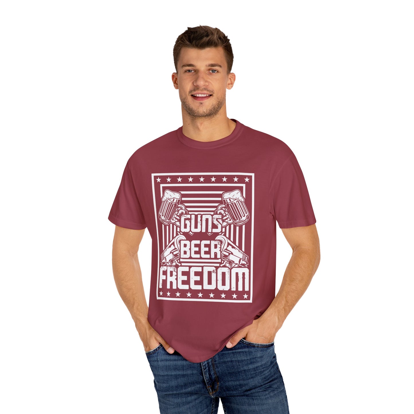Guns Beer Freedom Graphic T-Shirt, Unisex Tee for Beer Lovers, Patriotic Shirt, Casual Everyday Wear, Independence Day Gift