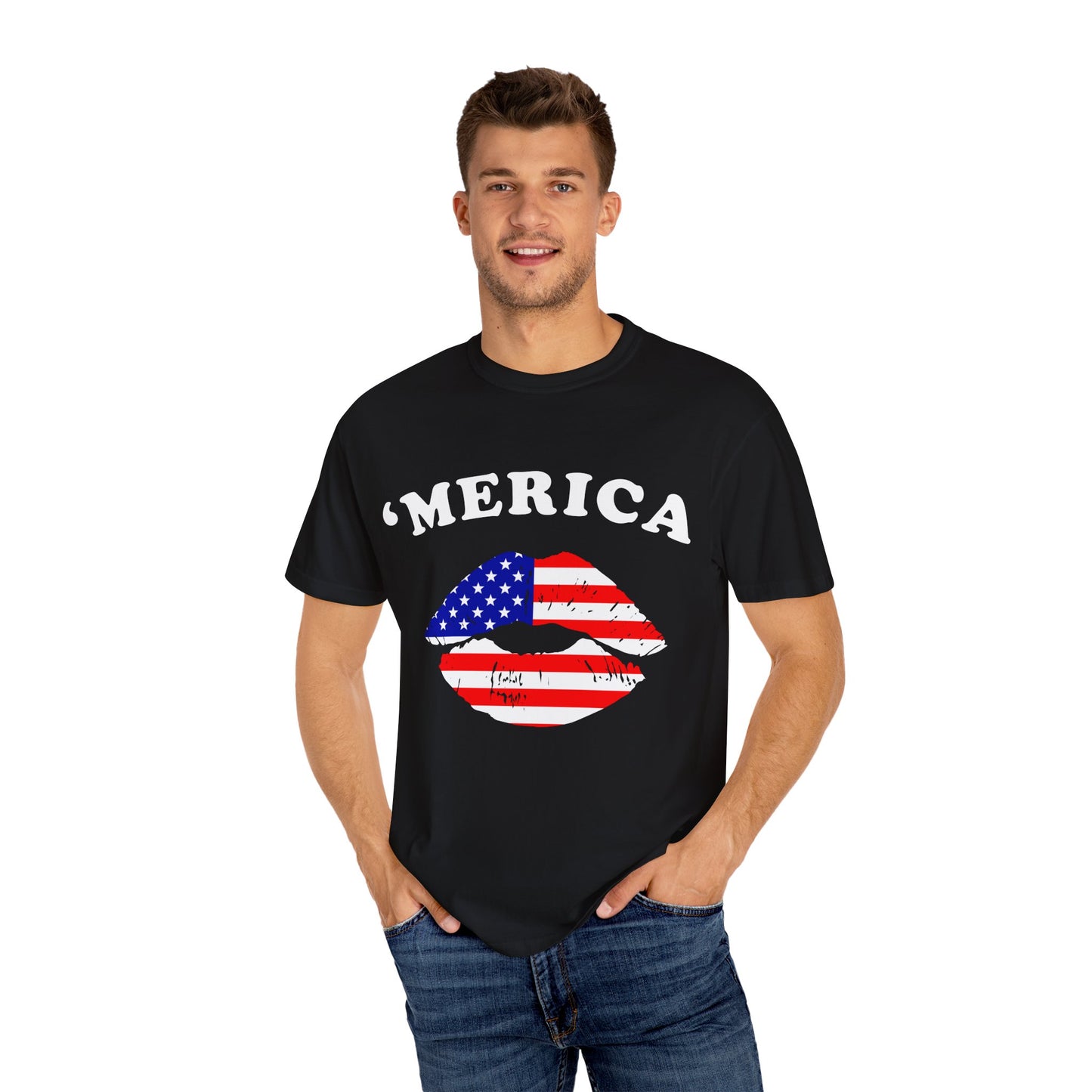 ‘Merica Lips T-Shirt – Patriotic Kiss Tee for Women Who Love Their Country Loud & Proud