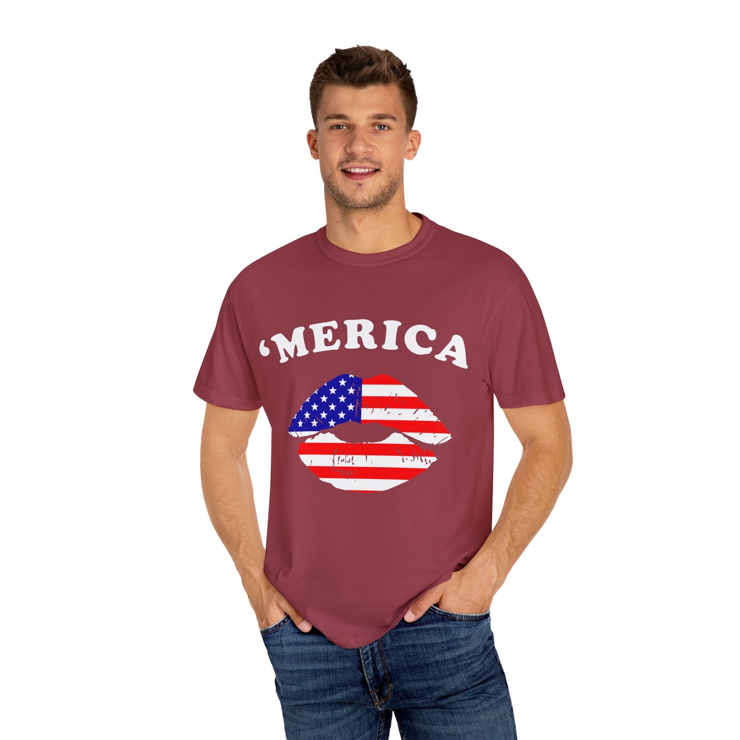 ‘Merica Lips T-Shirt – Patriotic Kiss Tee for Women Who Love Their Country Loud & Proud