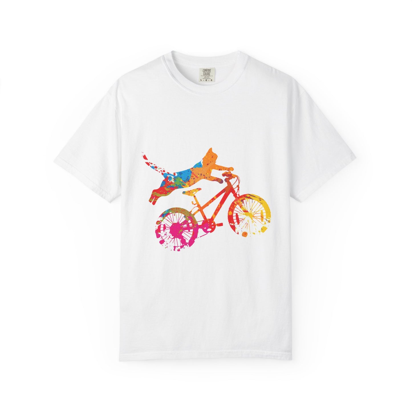 Colorful Dog on Bicycle T-shirt, Unisex Garment-Dyed Tee, Pet Lover Gift, Fun Summer Shirt, Dog Mom Apparel, Bicycle Enthusiast Tee