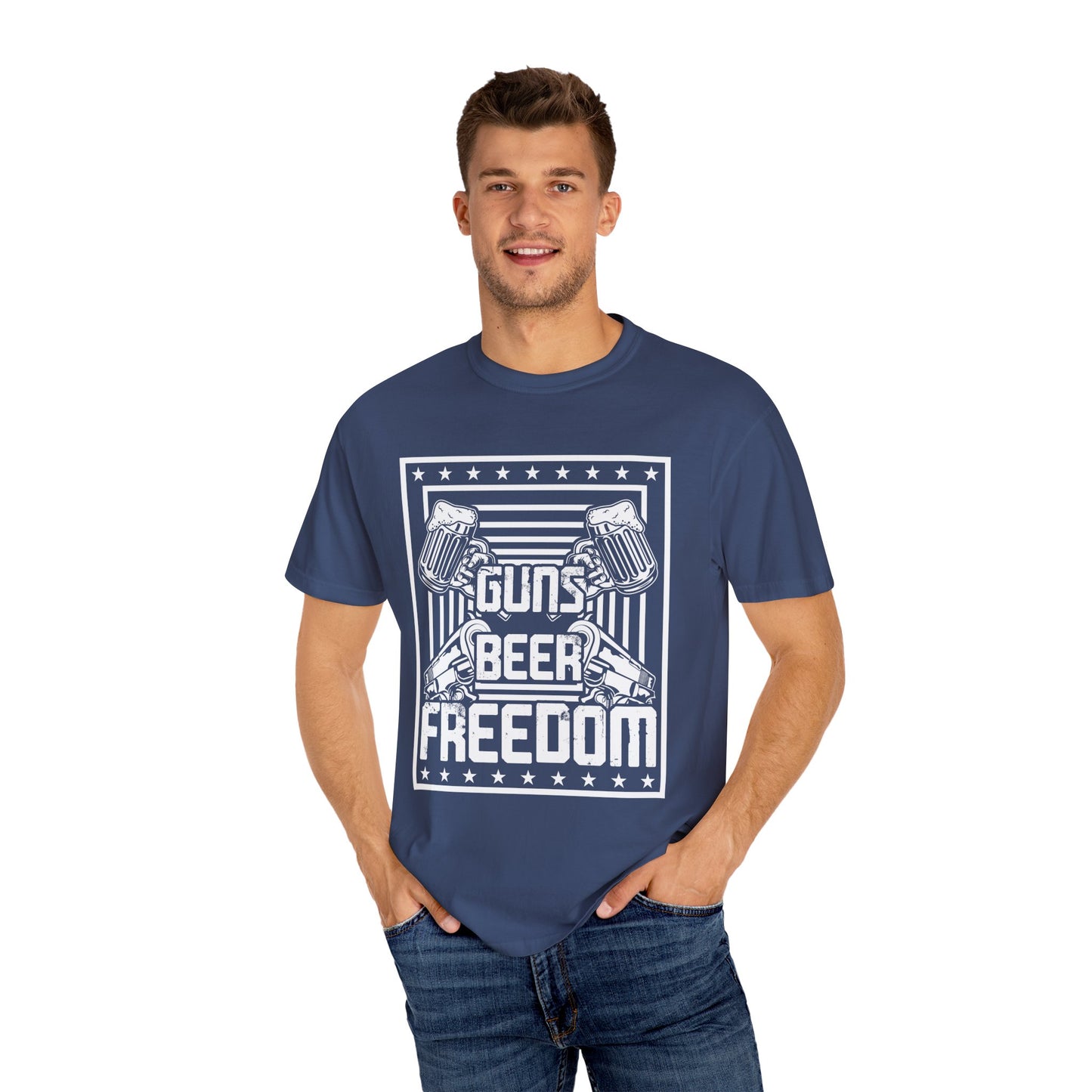 Guns Beer Freedom Graphic T-Shirt, Unisex Tee for Beer Lovers, Patriotic Shirt, Casual Everyday Wear, Independence Day Gift