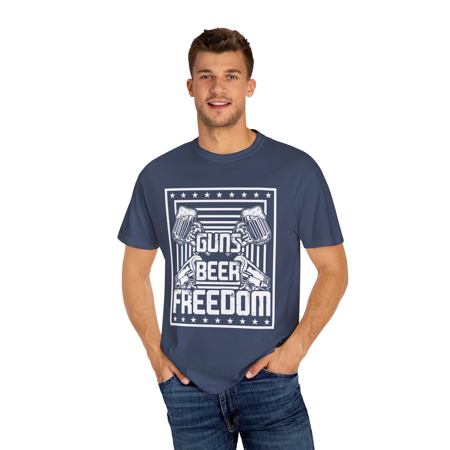 Guns Beer Freedom Graphic T-Shirt, Unisex Tee for Beer Lovers, Patriotic Shirt, Casual Everyday Wear, Independence Day Gift