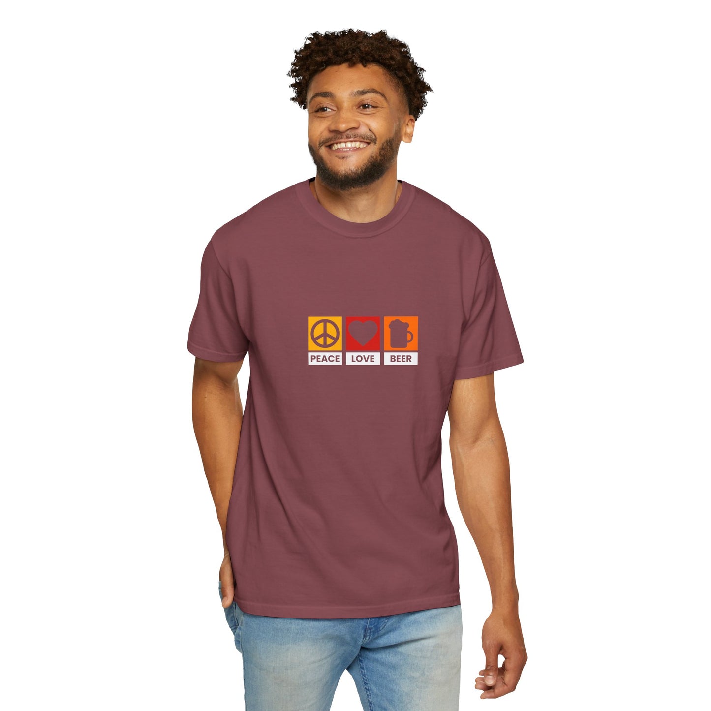 Peace Love Beer T-Shirt β Retro Icons Tee for Beer Lovers, Music Fans & Chill Vibes