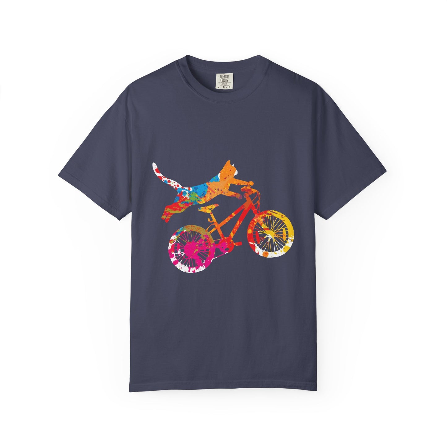 Colorful Dog on Bicycle T-shirt, Unisex Garment-Dyed Tee, Pet Lover Gift, Fun Summer Shirt, Dog Mom Apparel, Bicycle Enthusiast Tee