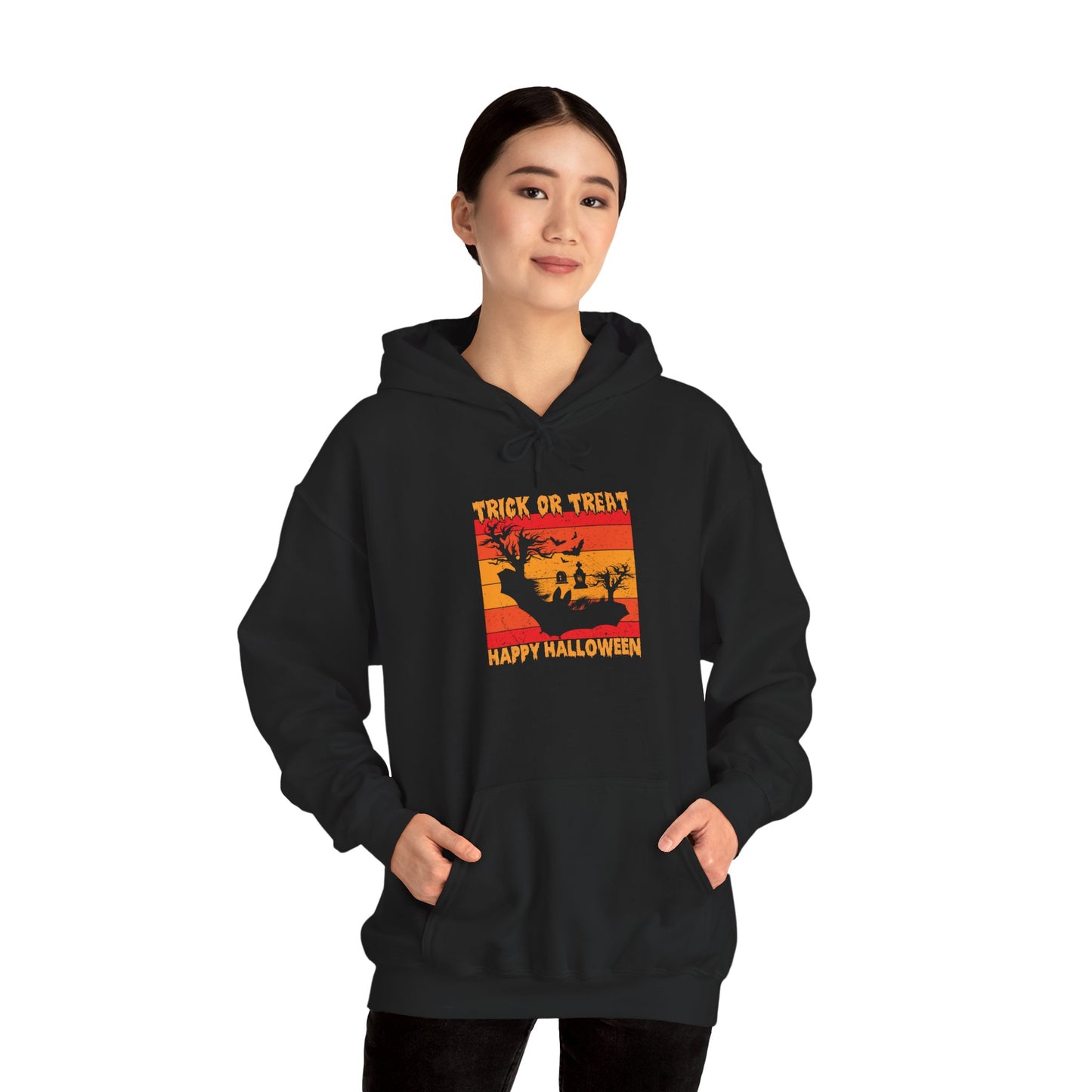 Halloween Themed Hoodie, Cozy Sweatshirt, Trick or Treat Apparel, Unisex Hoodie for Fall, Halloween Party Wear, Seasonal Wear