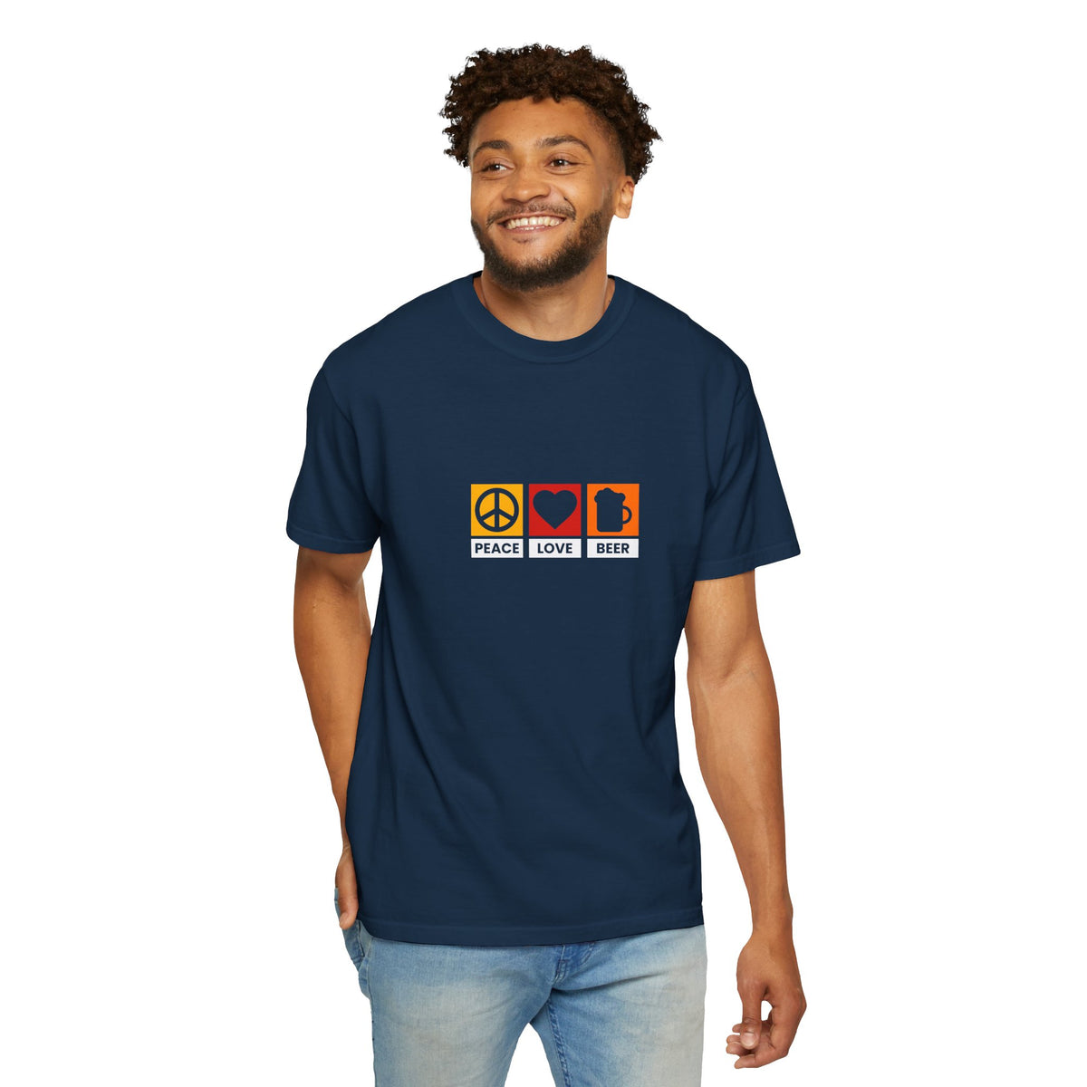 Peace Love Beer T-Shirt β Retro Icons Tee for Beer Lovers, Music Fans & Chill Vibes