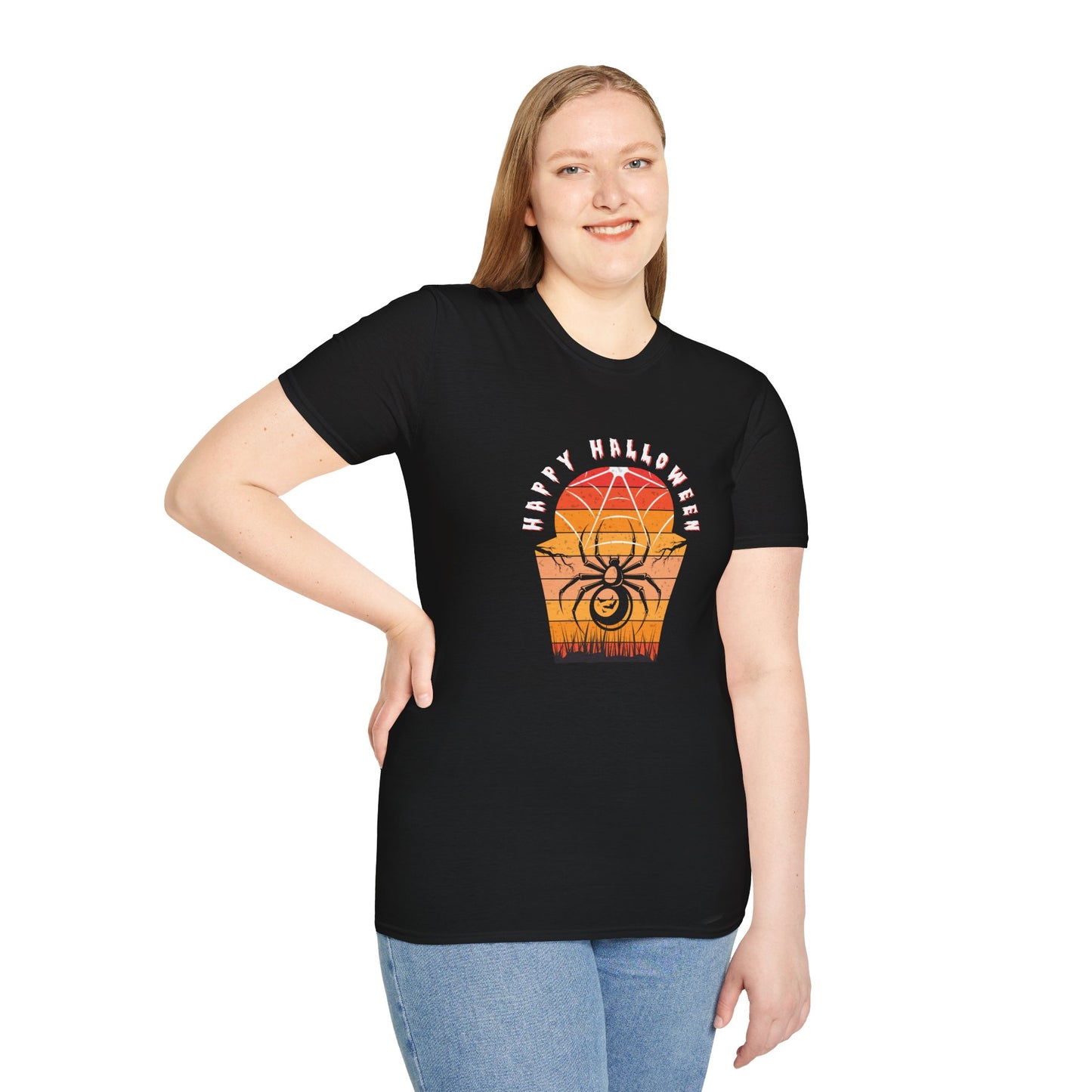 🕷️ “Happy Halloween Spider Sunset Tee” – Gildan Softstyle