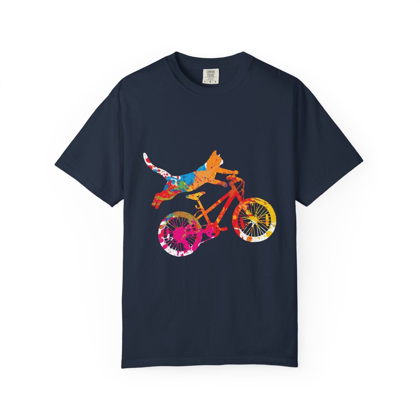 Colorful Dog on Bicycle T-shirt, Unisex Garment-Dyed Tee, Pet Lover Gift, Fun Summer Shirt, Dog Mom Apparel, Bicycle Enthusiast Tee