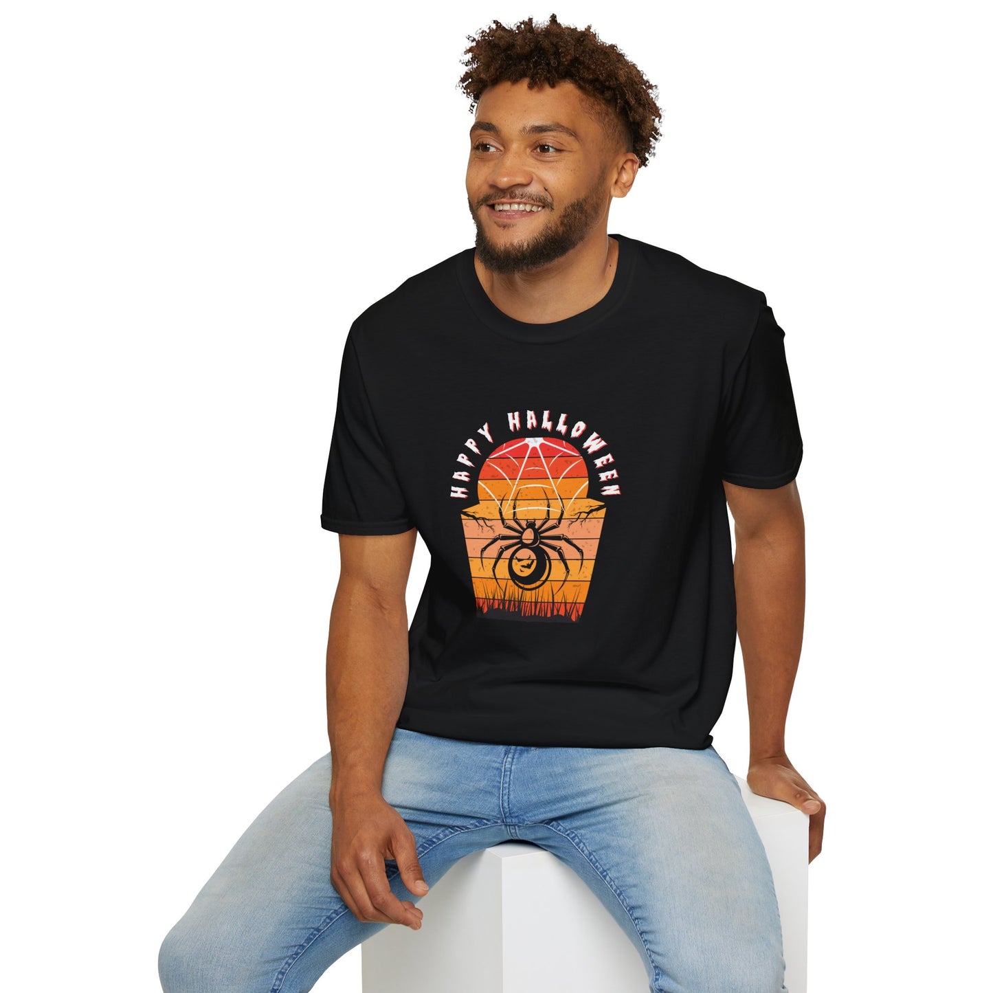 🕷️ “Happy Halloween Spider Sunset Tee” – Gildan Softstyle