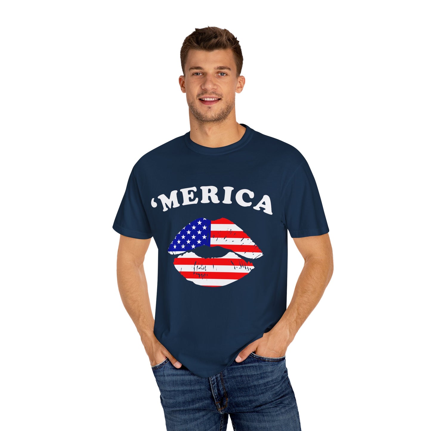 ‘Merica Lips T-Shirt – Patriotic Kiss Tee for Women Who Love Their Country Loud & Proud
