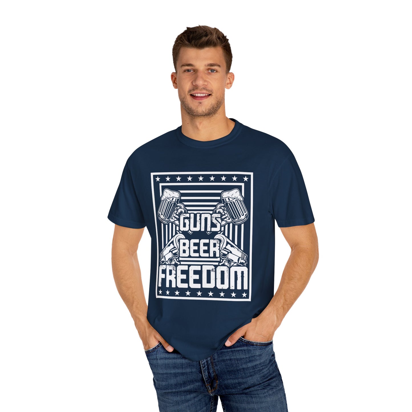 Guns Beer Freedom Graphic T-Shirt, Unisex Tee for Beer Lovers, Patriotic Shirt, Casual Everyday Wear, Independence Day Gift