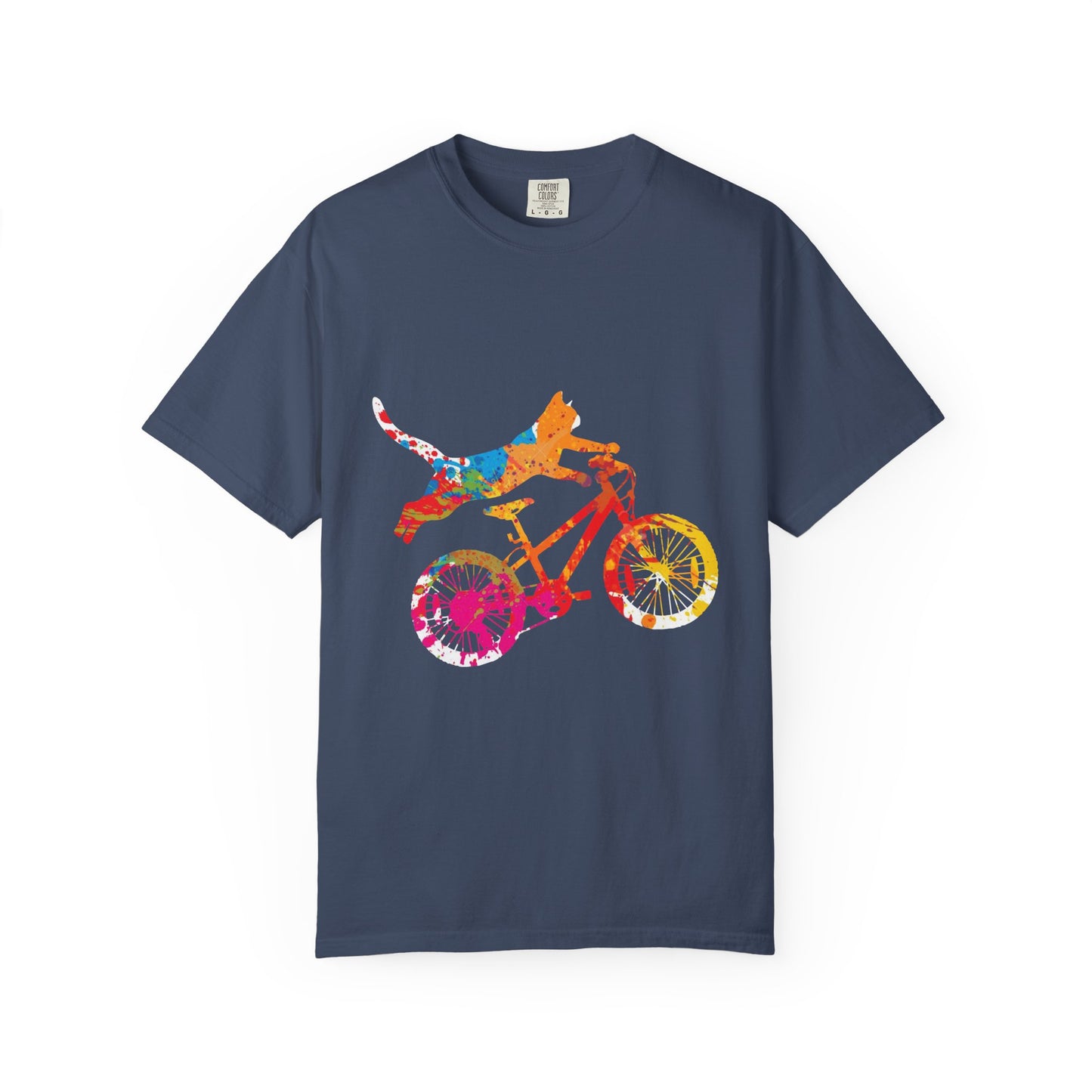 Colorful Dog on Bicycle T-shirt, Unisex Garment-Dyed Tee, Pet Lover Gift, Fun Summer Shirt, Dog Mom Apparel, Bicycle Enthusiast Tee