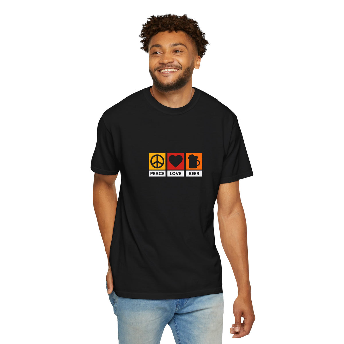 Peace Love Beer T-Shirt β Retro Icons Tee for Beer Lovers, Music Fans & Chill Vibes