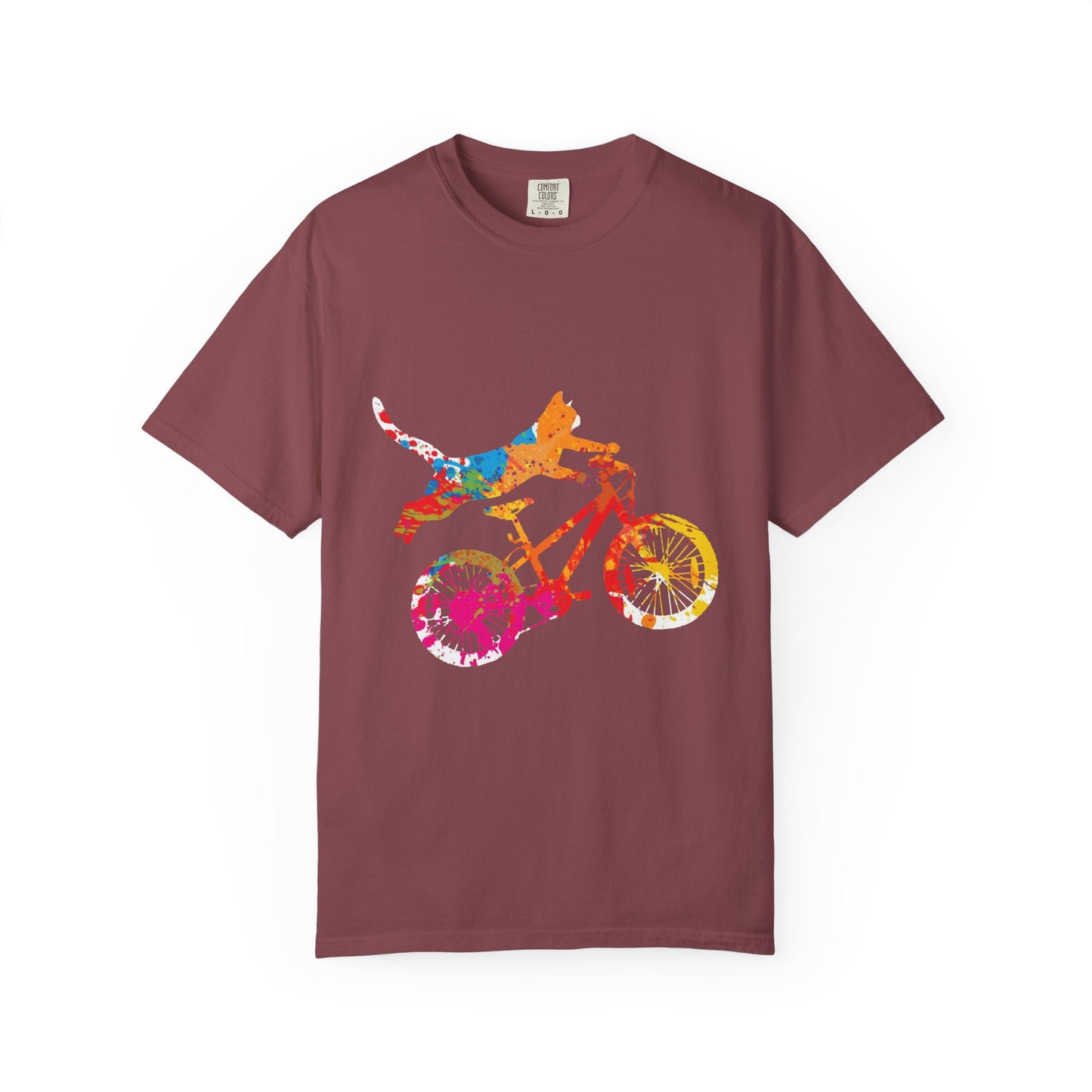 Colorful Dog on Bicycle T-shirt, Unisex Garment-Dyed Tee, Pet Lover Gift, Fun Summer Shirt, Dog Mom Apparel, Bicycle Enthusiast Tee