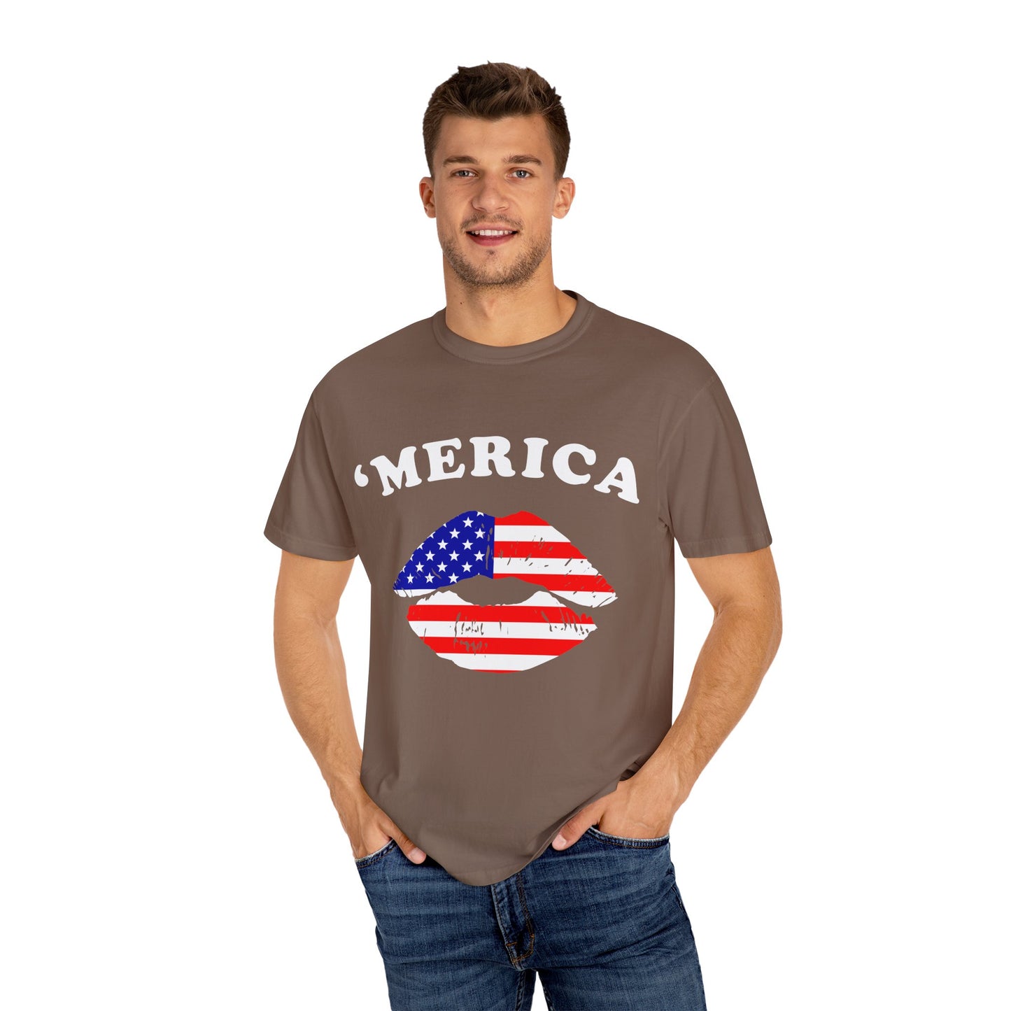 ‘Merica Lips T-Shirt – Patriotic Kiss Tee for Women Who Love Their Country Loud & Proud