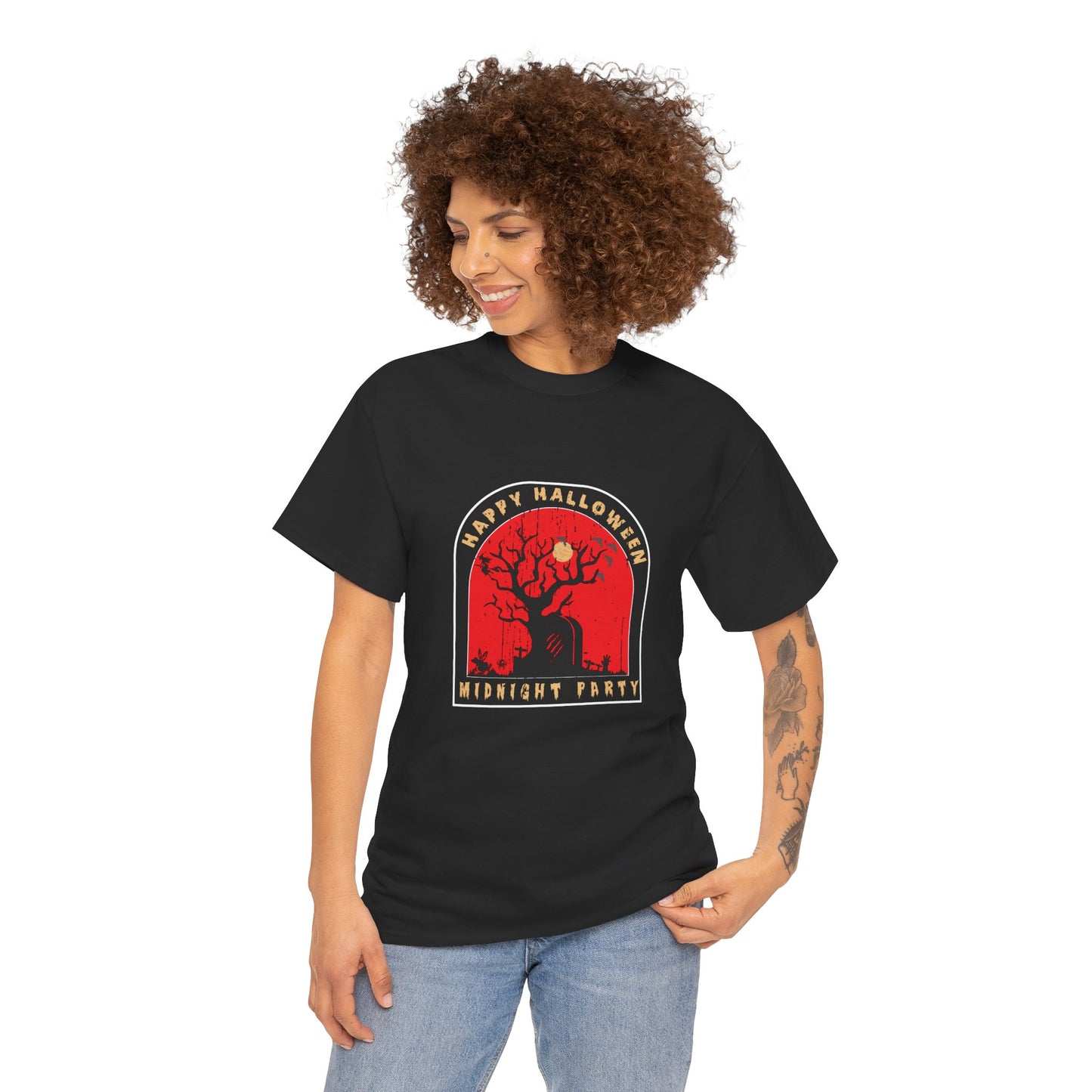 🕷️ “Happy Halloween Midnight Party” Haunted Tree Graveyard Tee 🌕