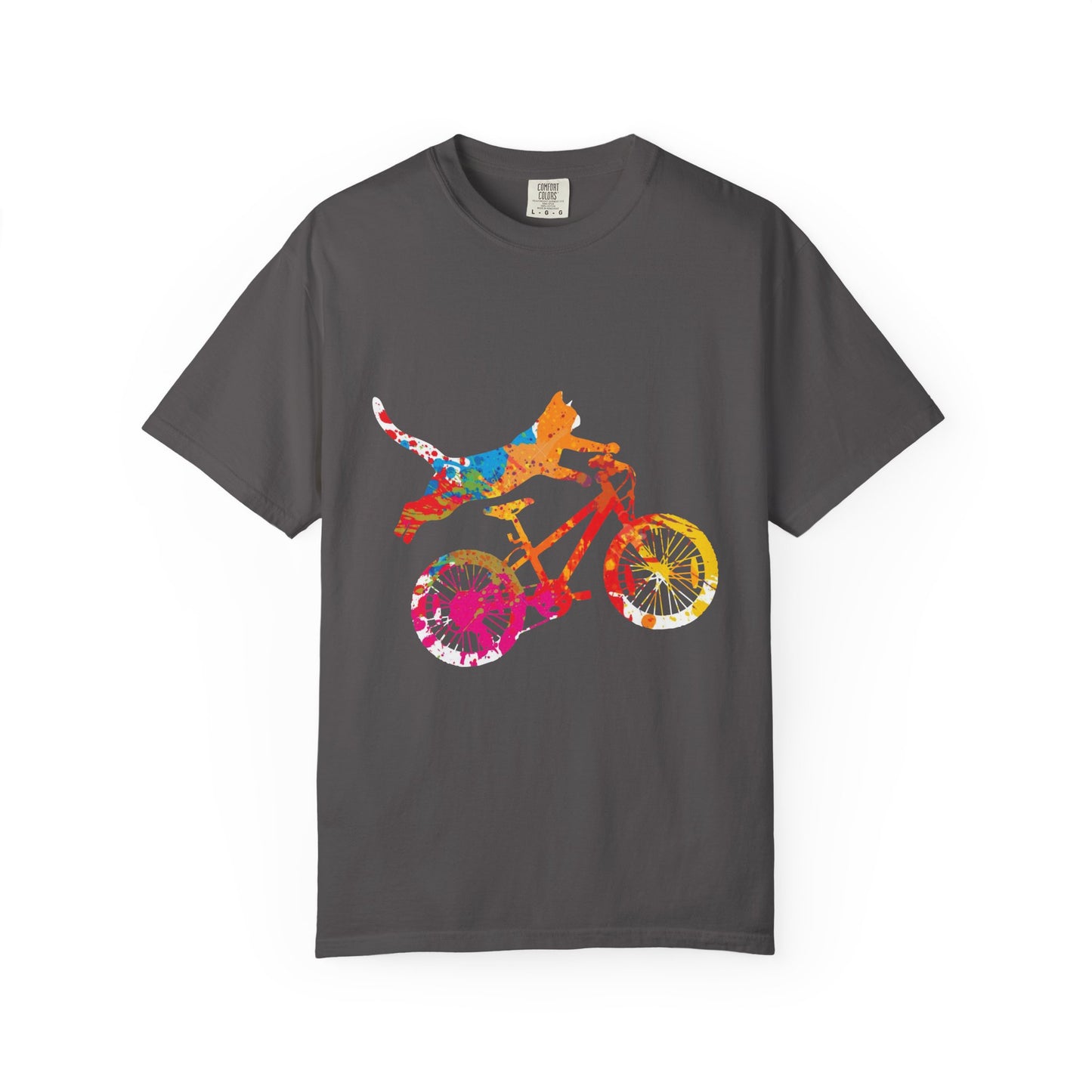 Colorful Dog on Bicycle T-shirt, Unisex Garment-Dyed Tee, Pet Lover Gift, Fun Summer Shirt, Dog Mom Apparel, Bicycle Enthusiast Tee