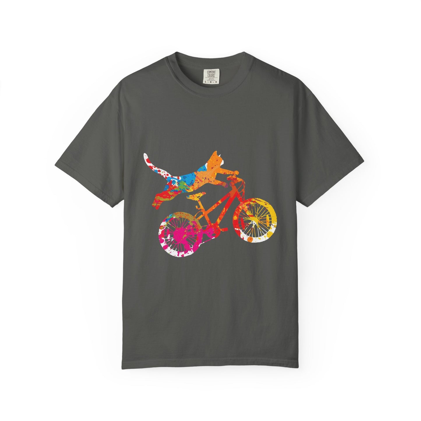 Colorful Dog on Bicycle T-shirt, Unisex Garment-Dyed Tee, Pet Lover Gift, Fun Summer Shirt, Dog Mom Apparel, Bicycle Enthusiast Tee