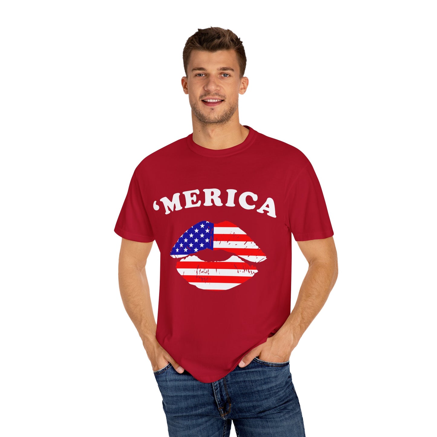 ‘Merica Lips T-Shirt – Patriotic Kiss Tee for Women Who Love Their Country Loud & Proud