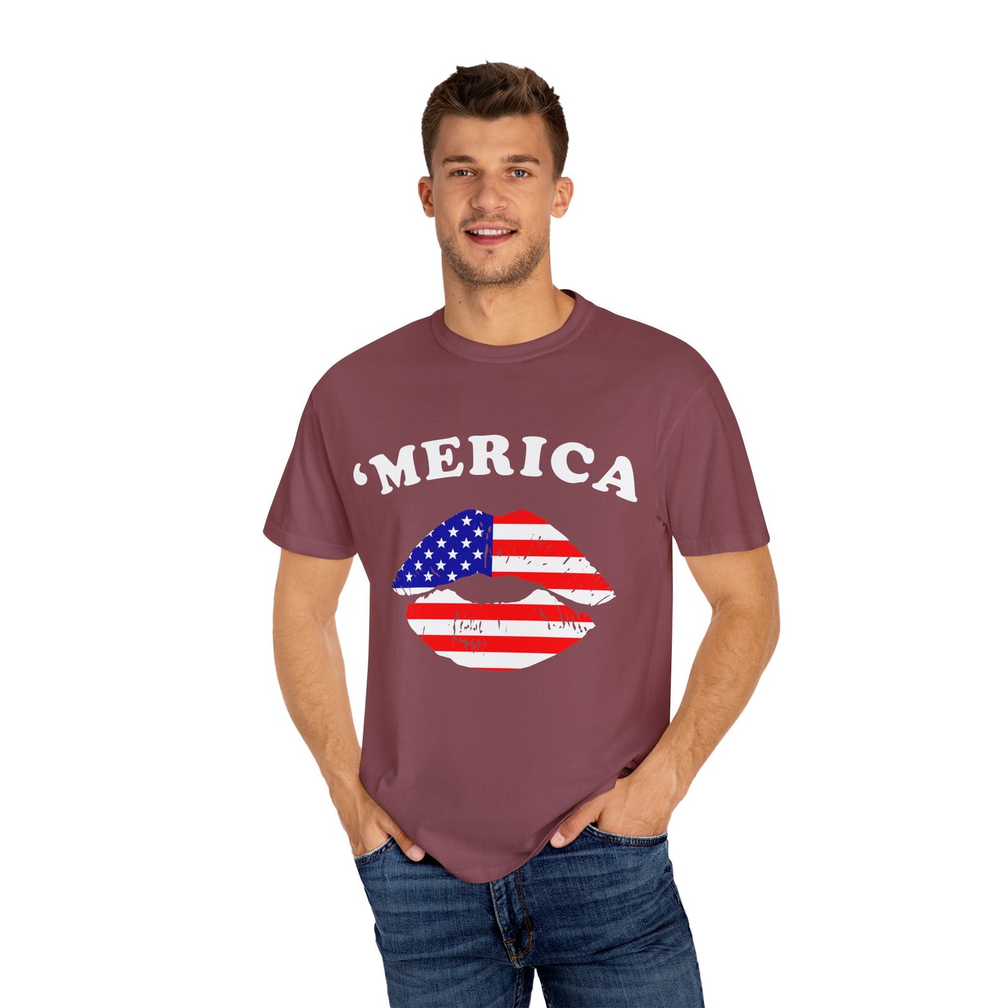 ‘Merica Lips T-Shirt – Patriotic Kiss Tee for Women Who Love Their Country Loud & Proud