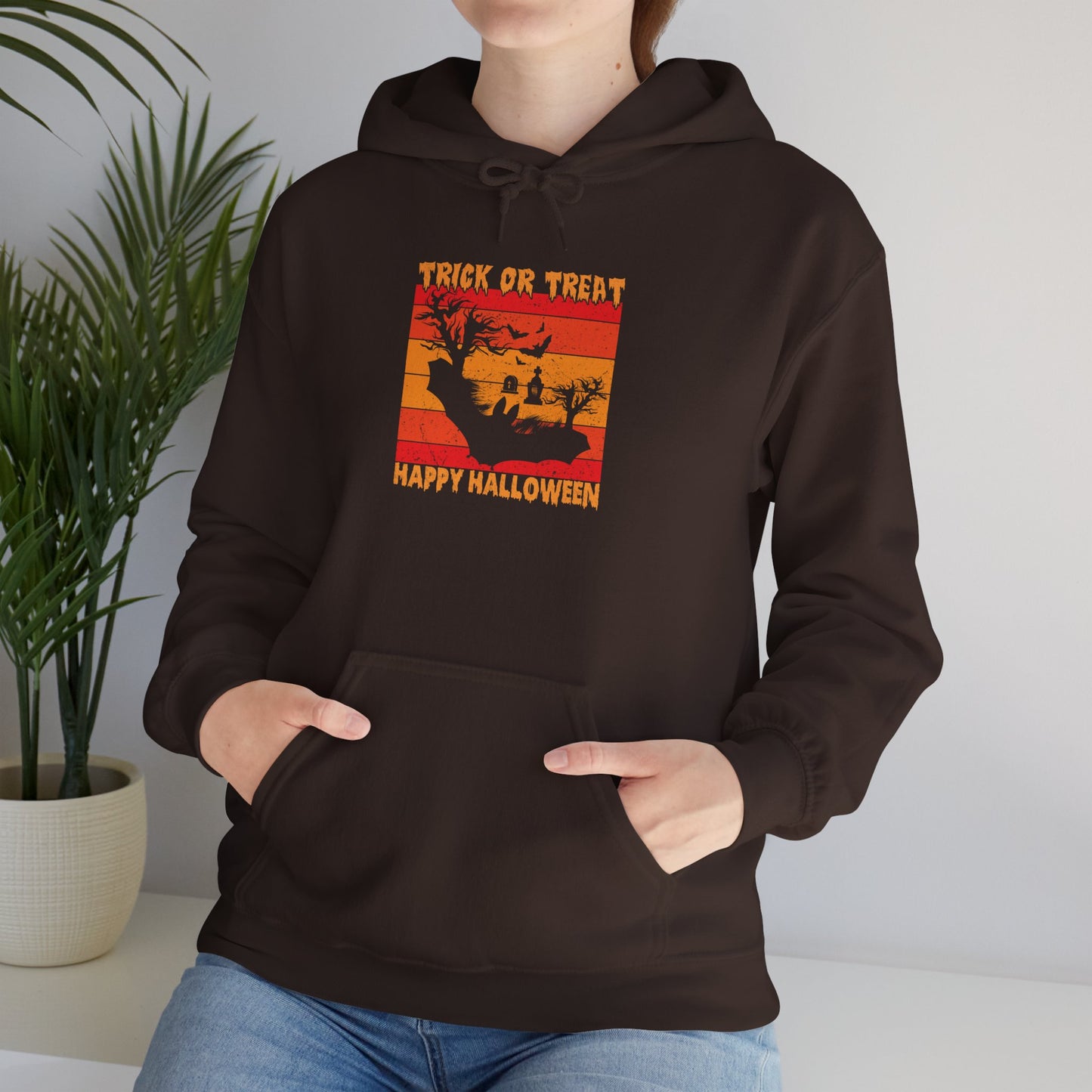Halloween Themed Hoodie, Cozy Sweatshirt, Trick or Treat Apparel, Unisex Hoodie for Fall, Halloween Party Wear, Seasonal Wear