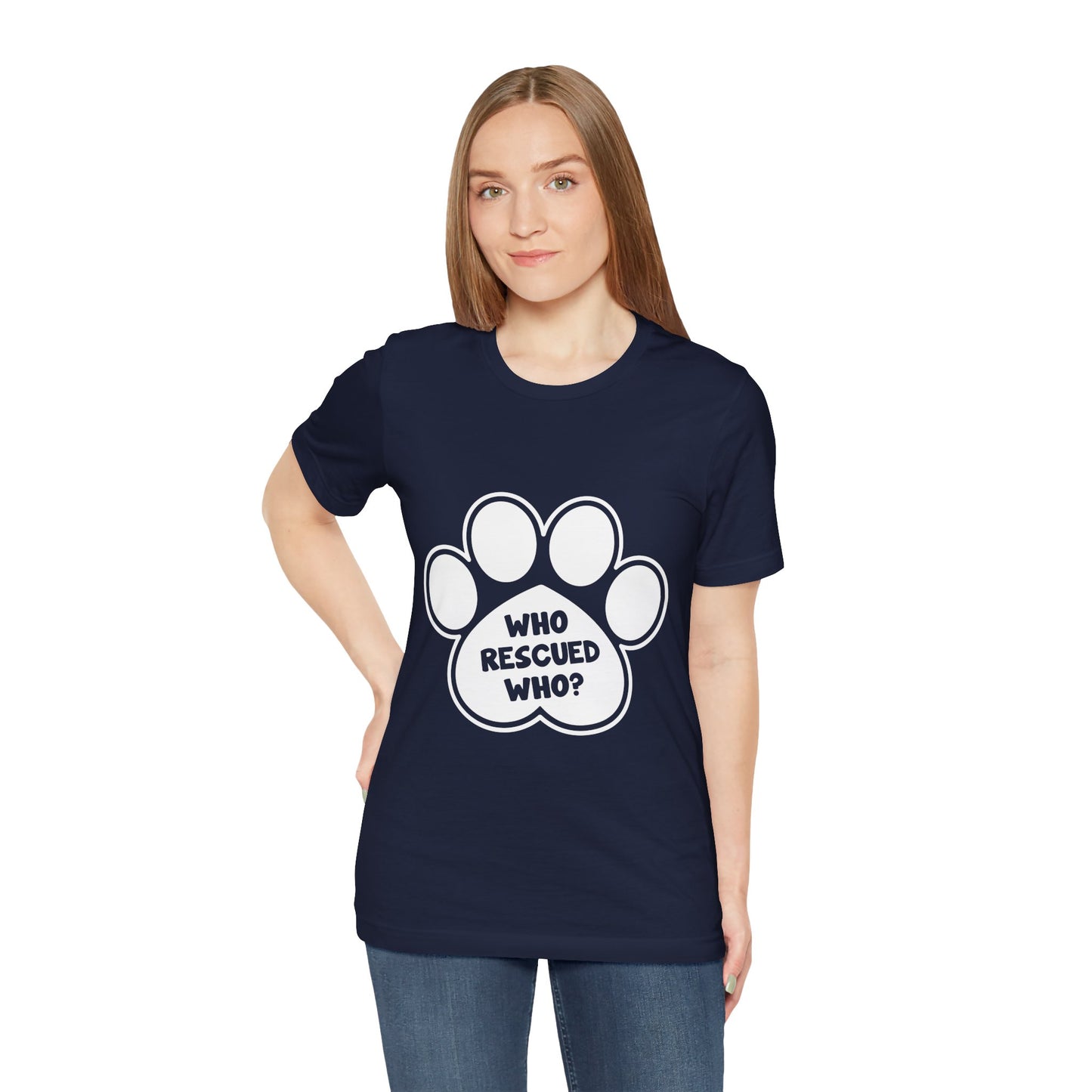 Who Rescued Who Shirt – Dog Rescue Paw Print Graphic Tee