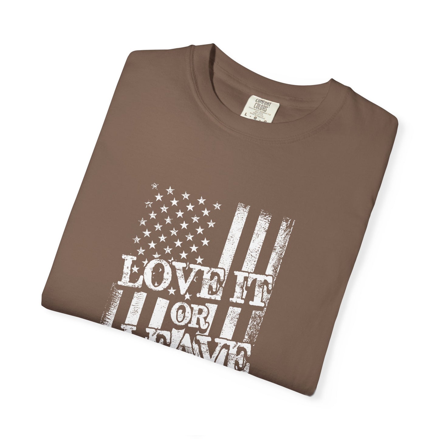 Patriotic T-Shirt with Vintage US Flag Design, Love It or Leave It Tee, Casual Wear, Gift for Veterans, July 4th Celebration