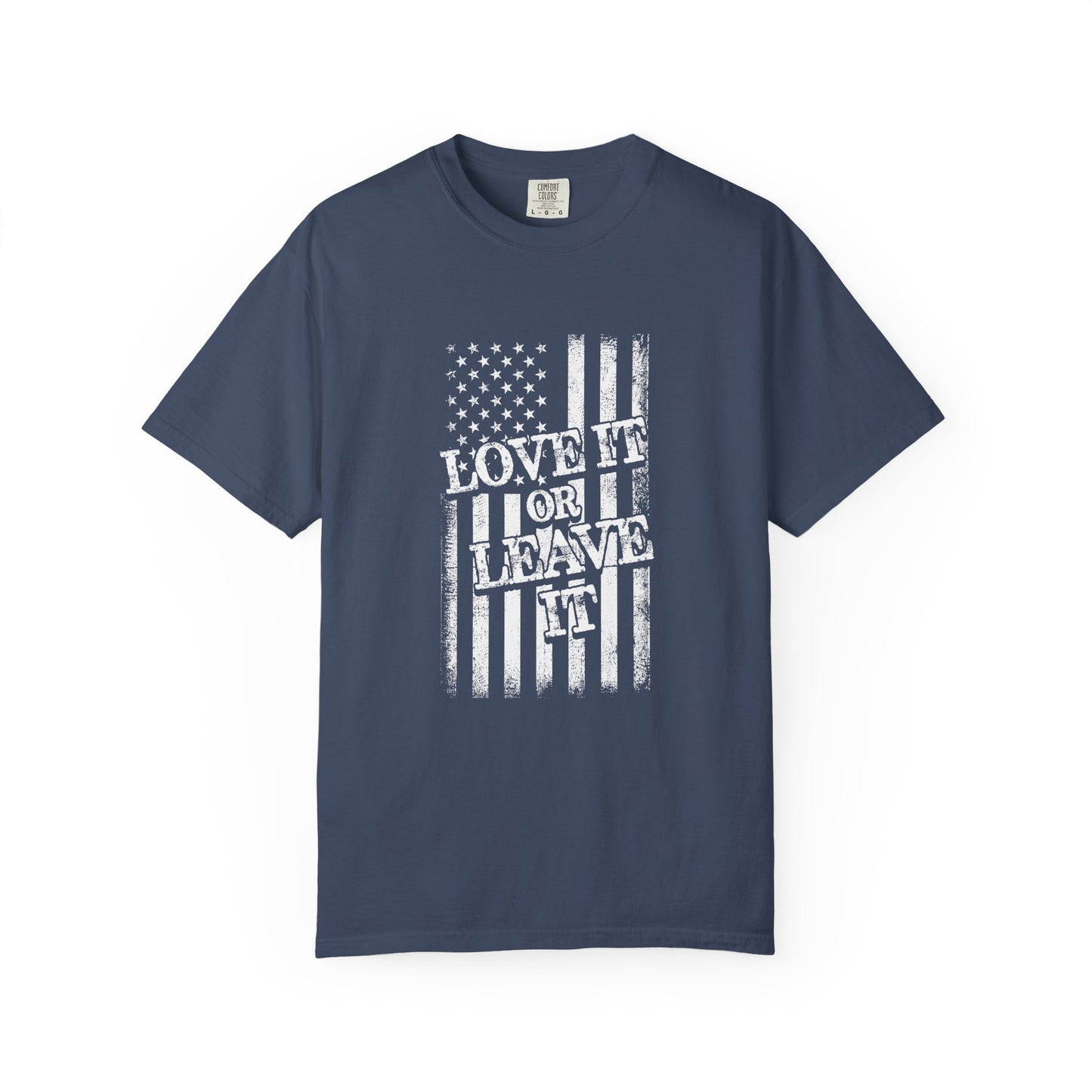 Patriotic T-Shirt with Vintage US Flag Design, Love It or Leave It Tee, Casual Wear, Gift for Veterans, July 4th Celebration