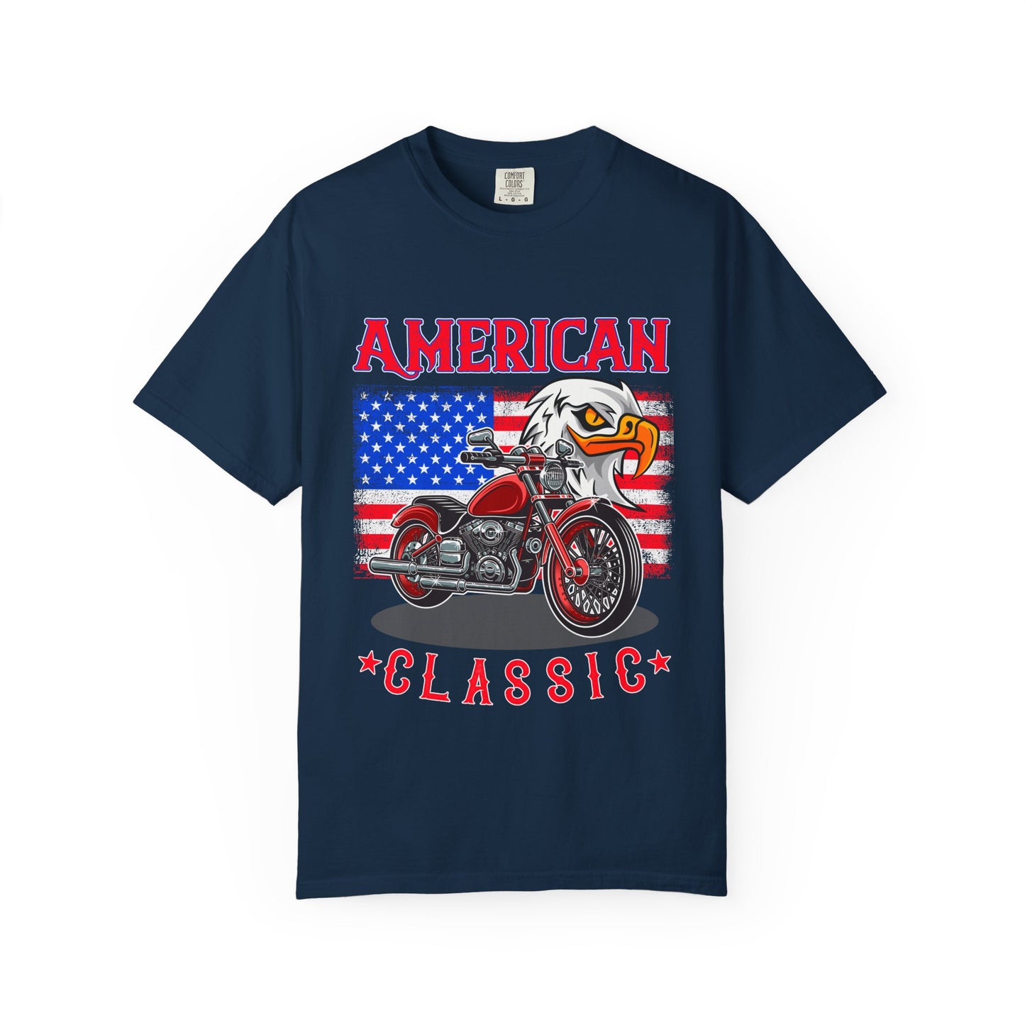 American Classic Motorcycle T-shirt, Garment-Dyed Tee, Patriotic Shirt, Unisex Vintage Style, Perfect for Bike Lovers, Holiday Gift