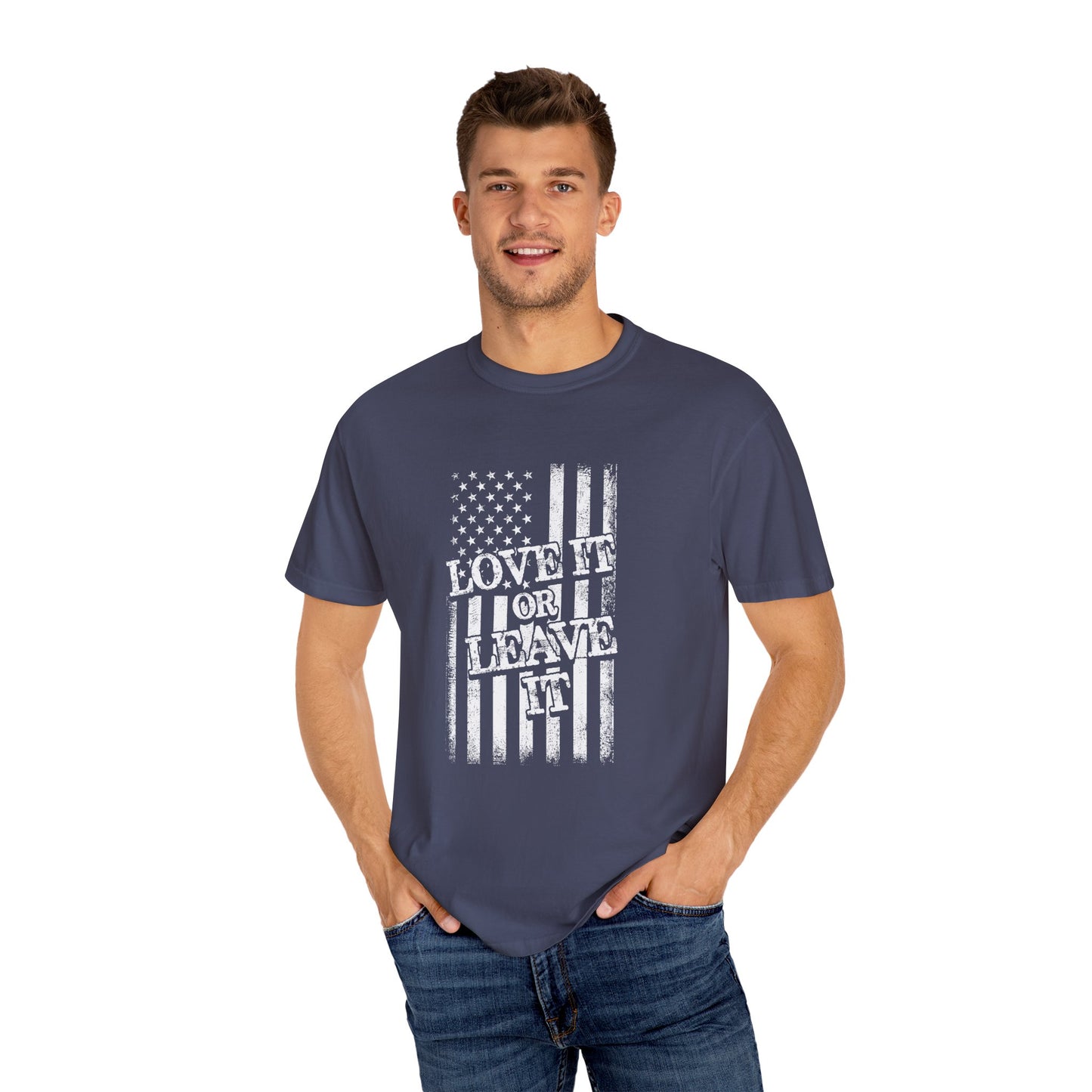 Patriotic T-Shirt with Vintage US Flag Design, Love It or Leave It Tee, Casual Wear, Gift for Veterans, July 4th Celebration