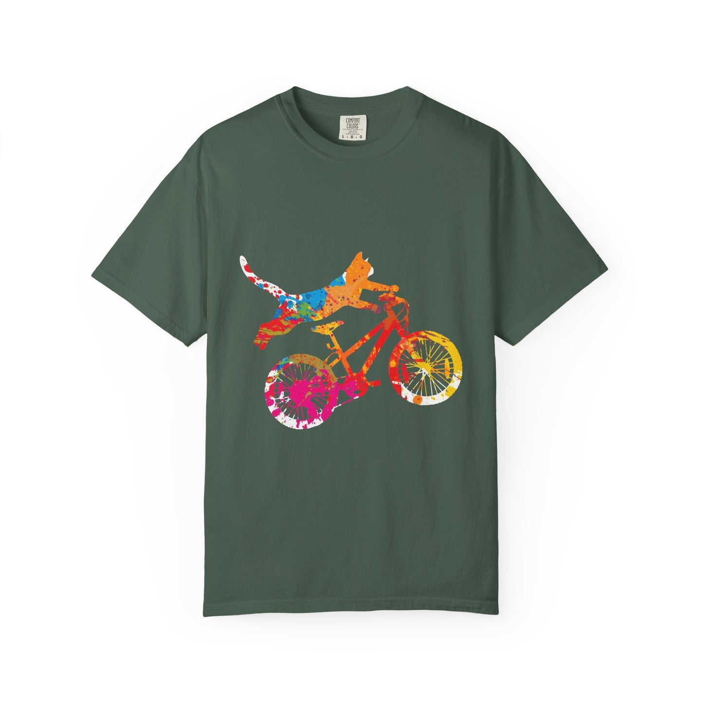 Colorful Dog on Bicycle T-shirt, Unisex Garment-Dyed Tee, Pet Lover Gift, Fun Summer Shirt, Dog Mom Apparel, Bicycle Enthusiast Tee
