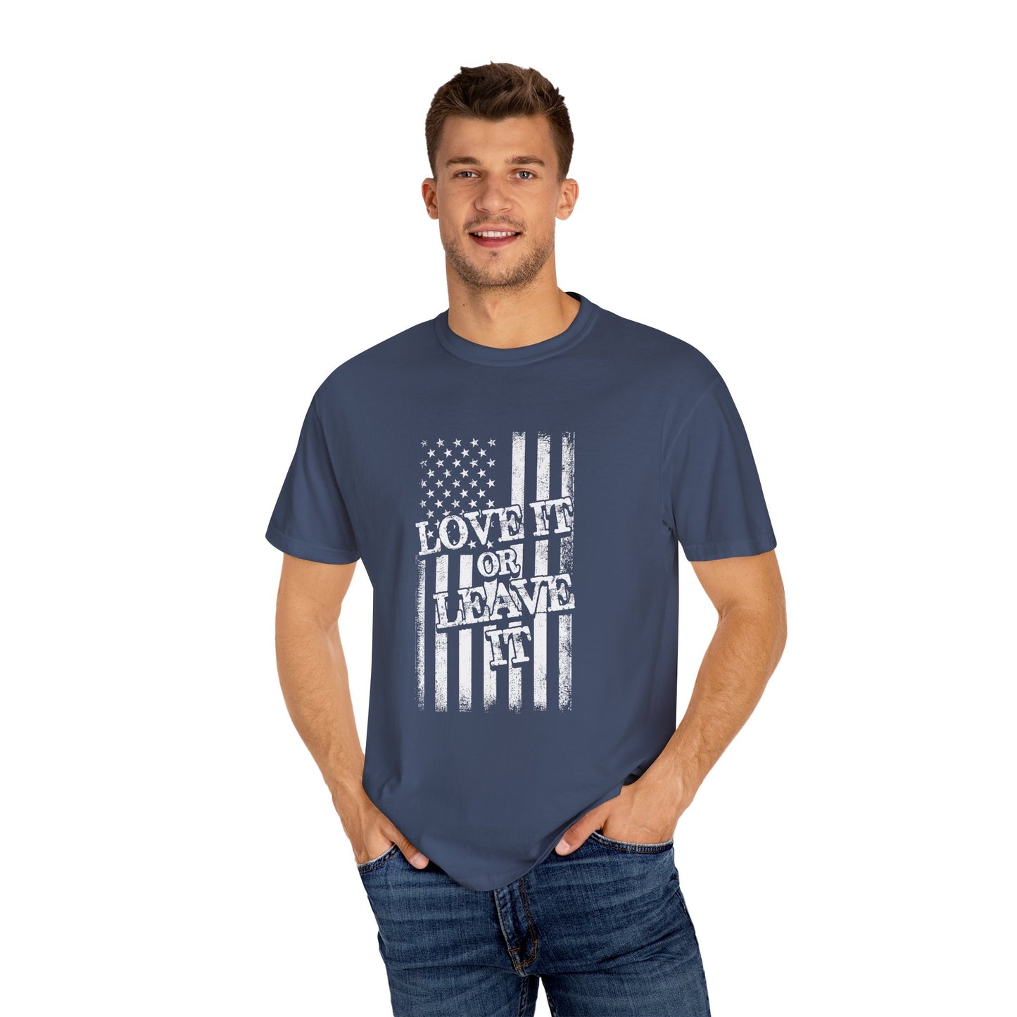 Patriotic T-Shirt with Vintage US Flag Design, Love It or Leave It Tee, Casual Wear, Gift for Veterans, July 4th Celebration