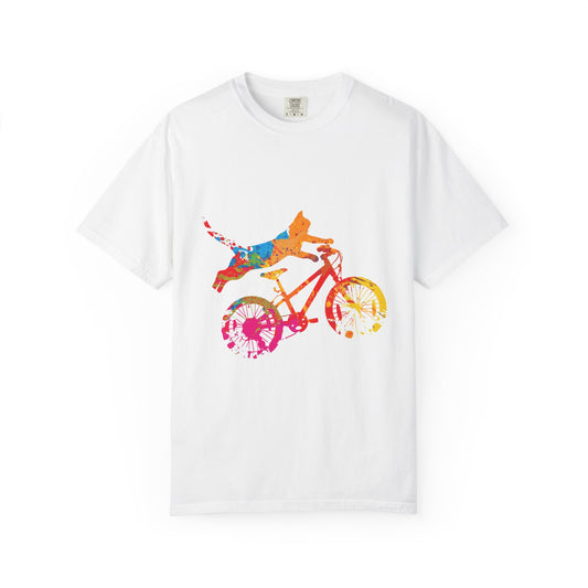 Colorful Dog on Bicycle T-shirt, Unisex Garment-Dyed Tee, Pet Lover Gift, Fun Summer Shirt, Dog Mom Apparel, Bicycle Enthusiast Tee