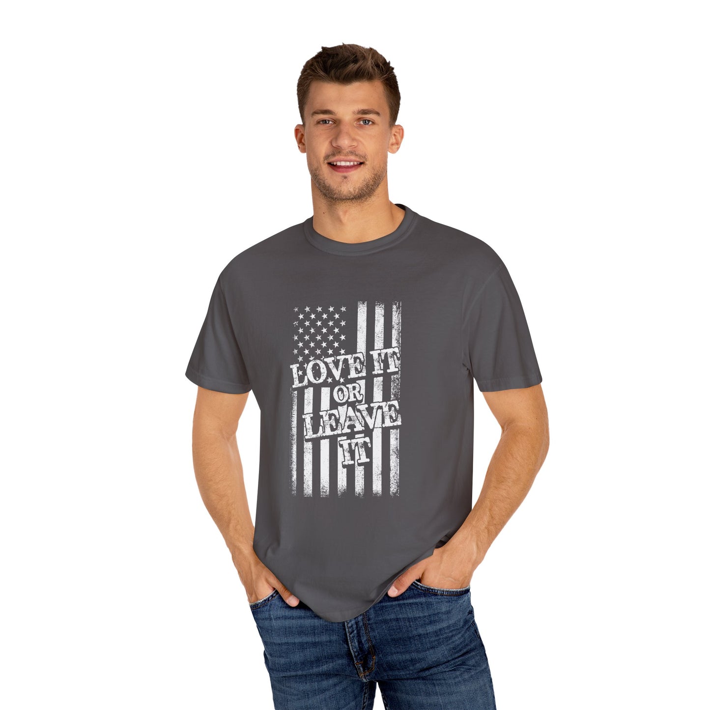 Patriotic T-Shirt with Vintage US Flag Design, Love It or Leave It Tee, Casual Wear, Gift for Veterans, July 4th Celebration