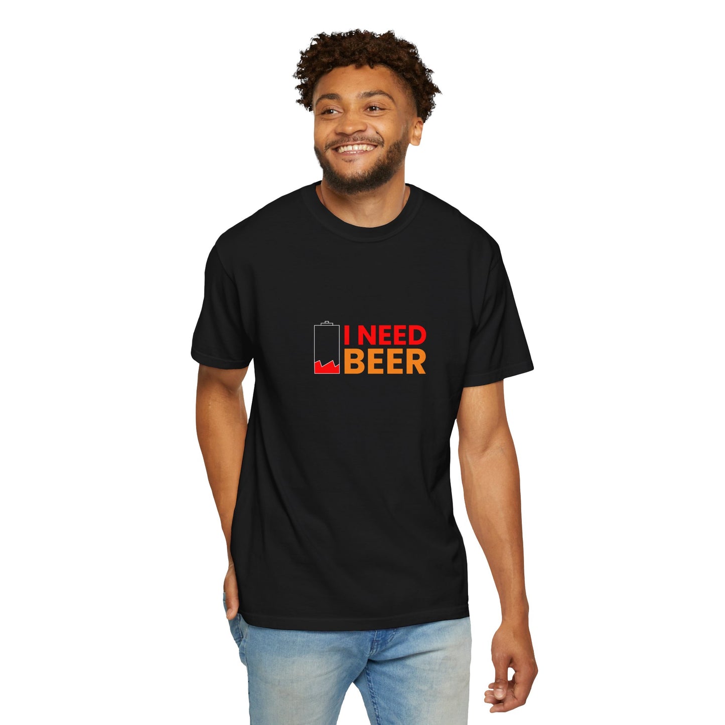I Need Beer Battery Shirt – Funny Low Energy Beer T-Shirt for Drinkers