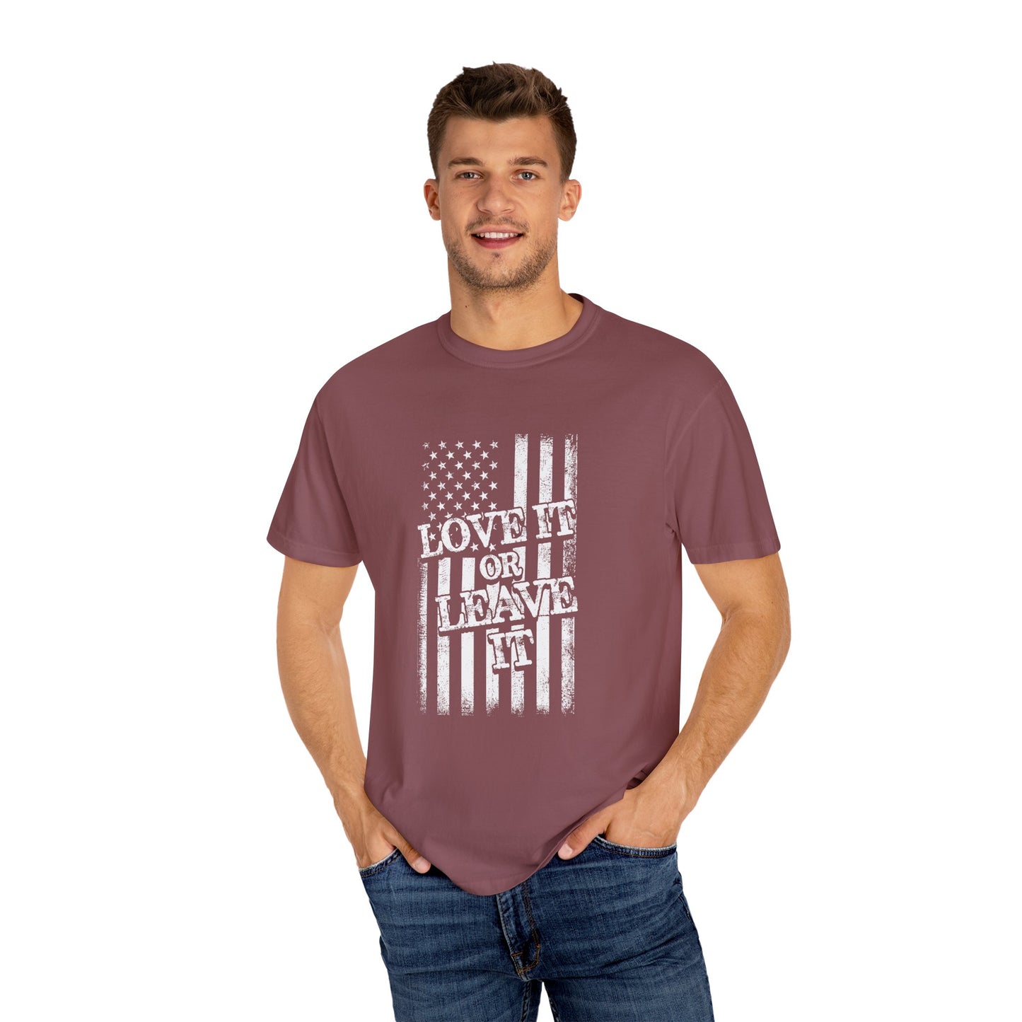 Patriotic T-Shirt with Vintage US Flag Design, Love It or Leave It Tee, Casual Wear, Gift for Veterans, July 4th Celebration
