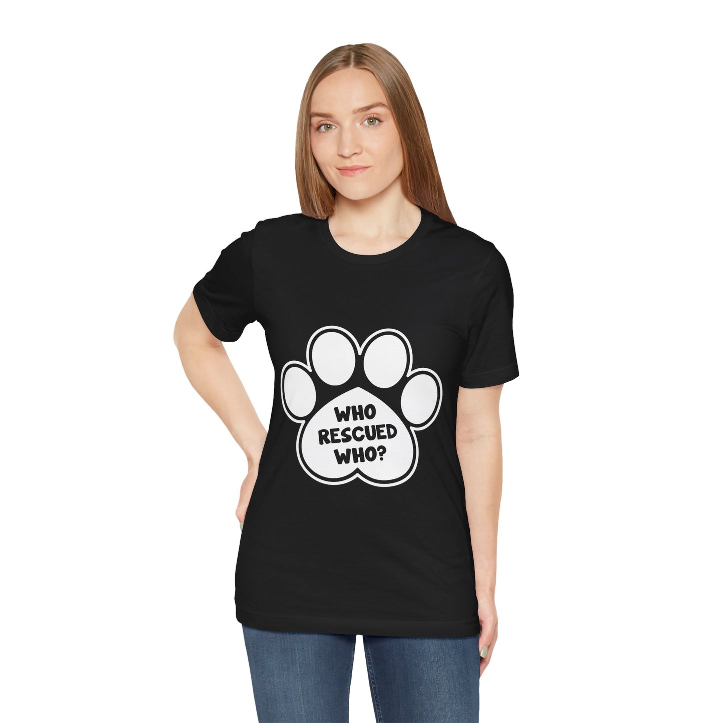 Who Rescued Who Shirt – Dog Rescue Paw Print Graphic Tee