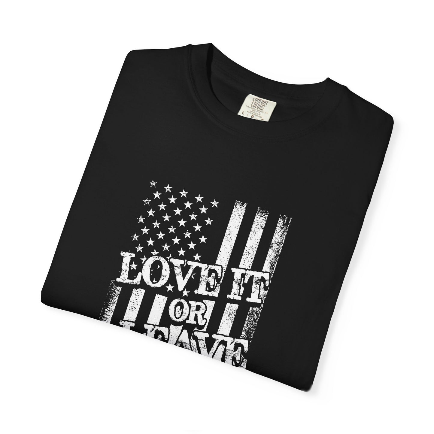 Patriotic T-Shirt with Vintage US Flag Design, Love It or Leave It Tee, Casual Wear, Gift for Veterans, July 4th Celebration