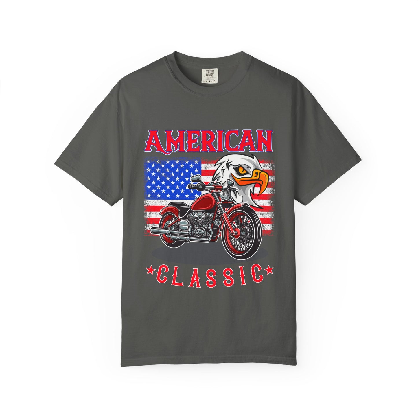 American Classic Motorcycle T-shirt, Garment-Dyed Tee, Patriotic Shirt, Unisex Vintage Style, Perfect for Bike Lovers, Holiday Gift